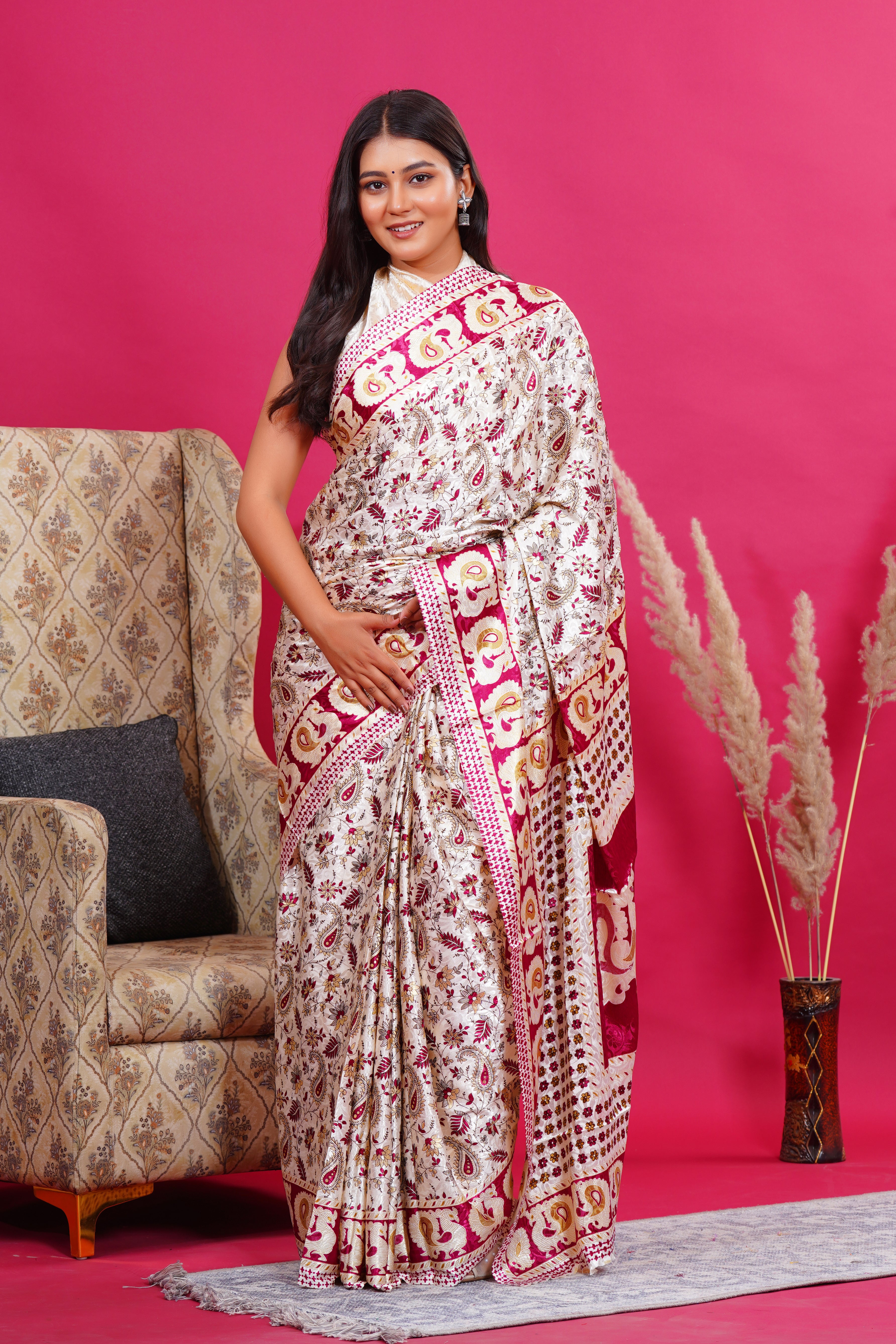 Pink Golden Floral Peacock Silk Saree