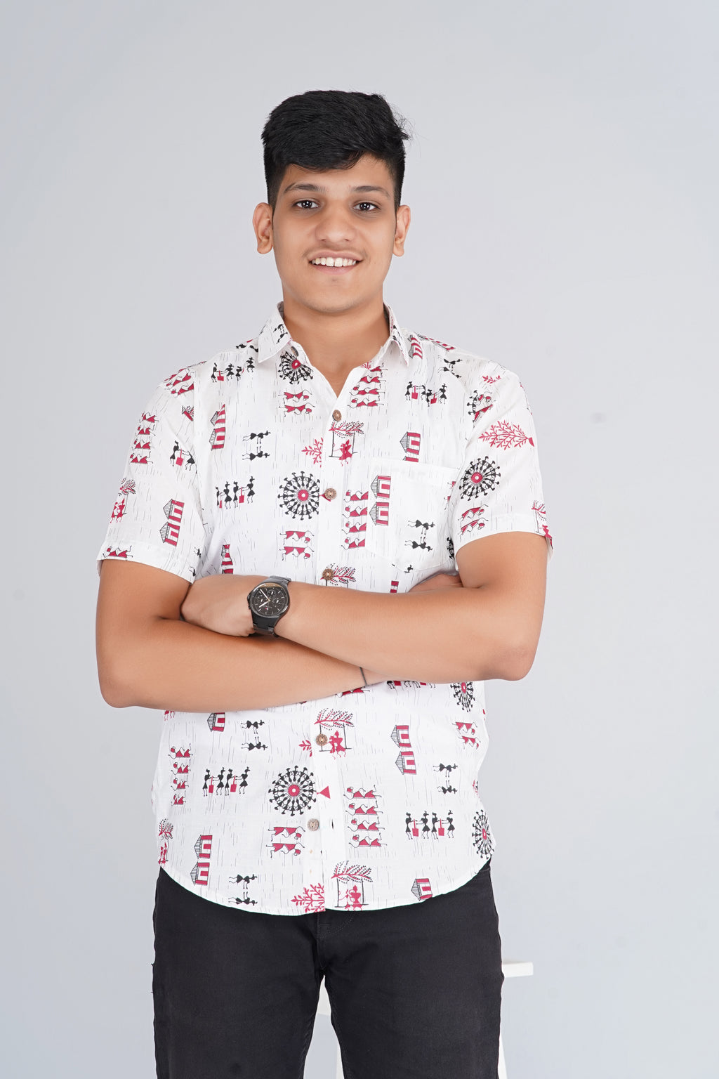 White Warli Art Half Sleeves Shirt