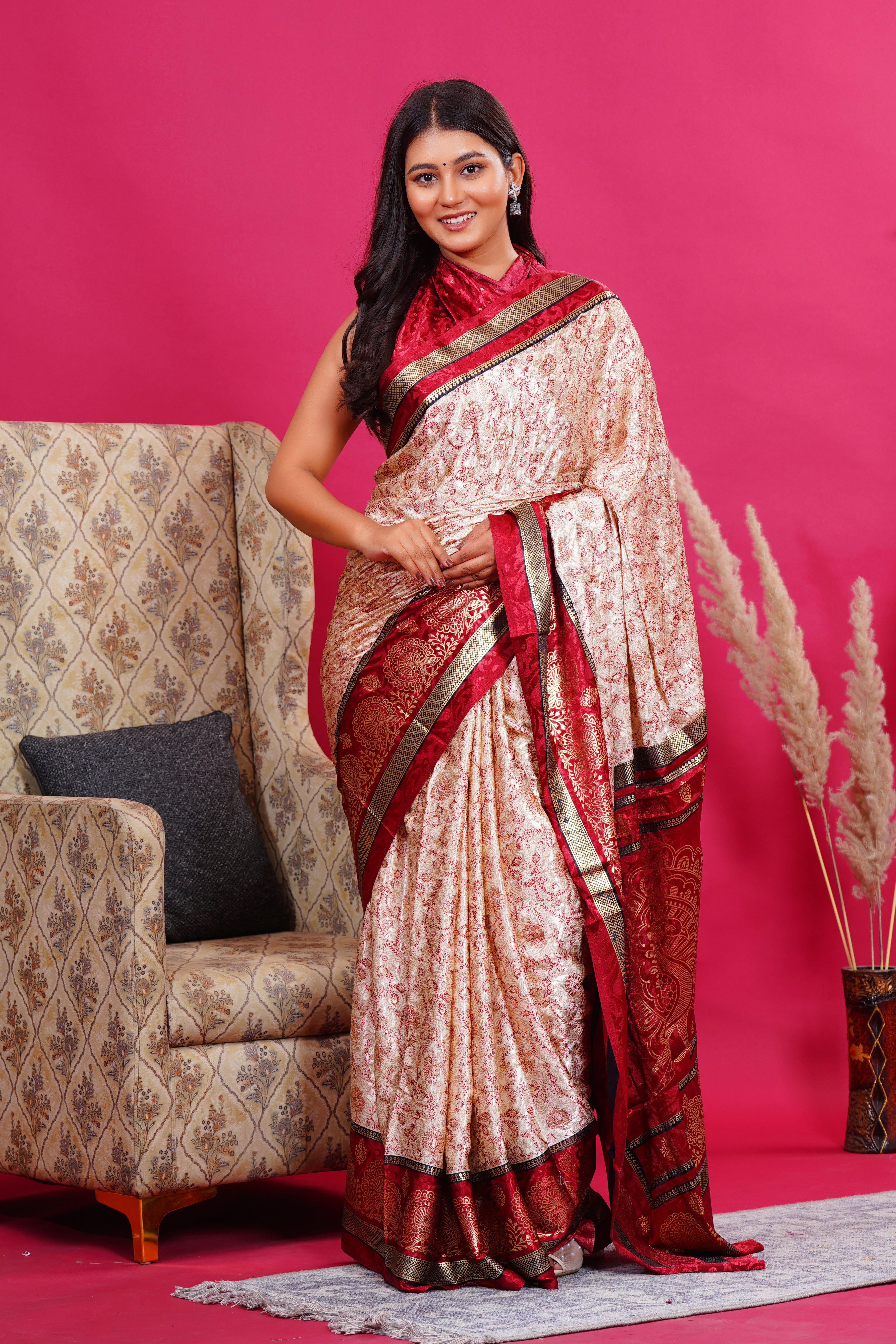 Maroon Golden Flower Peacock Silk Saree