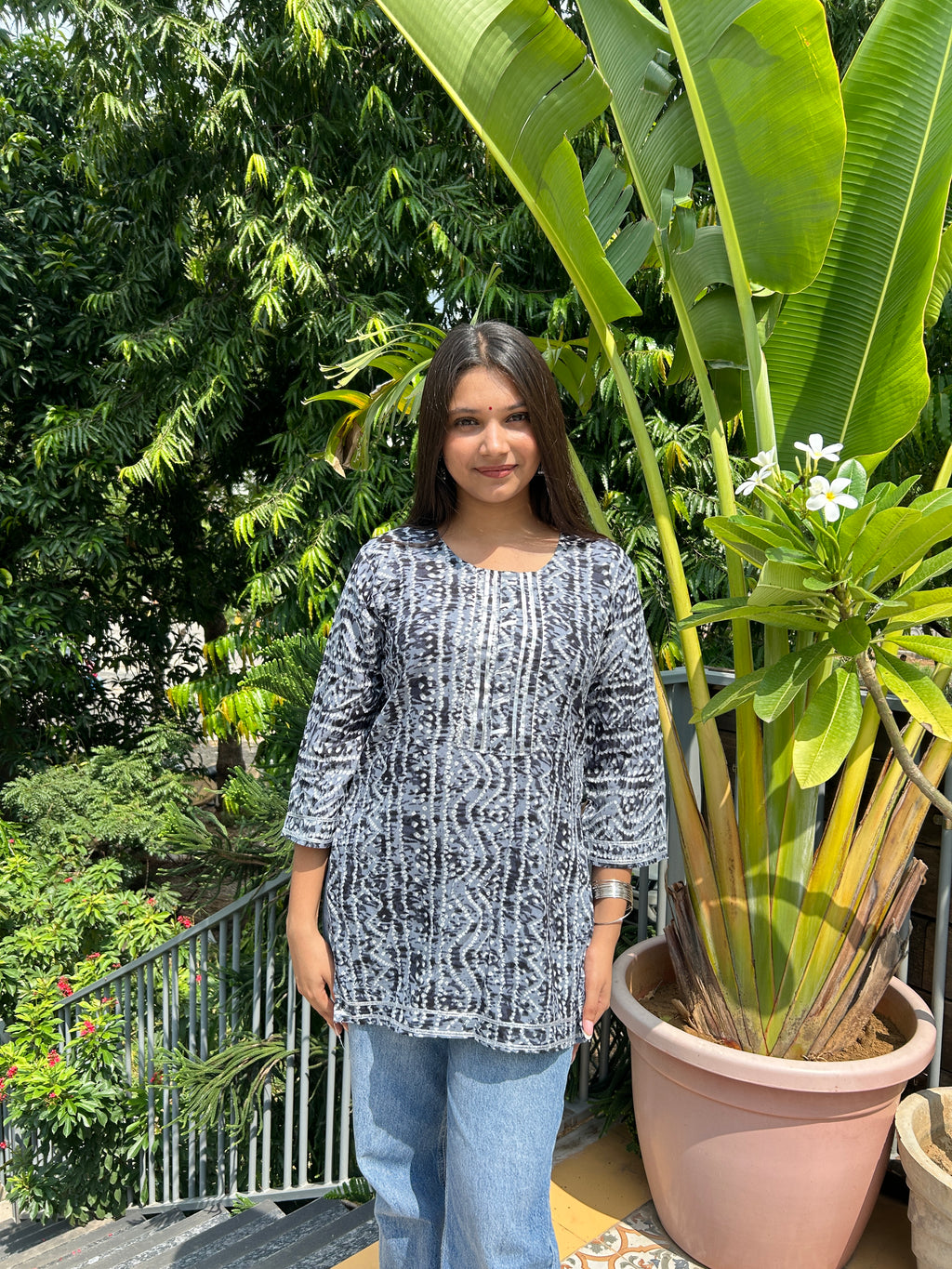 Grey Bandhej Noorani Kurti