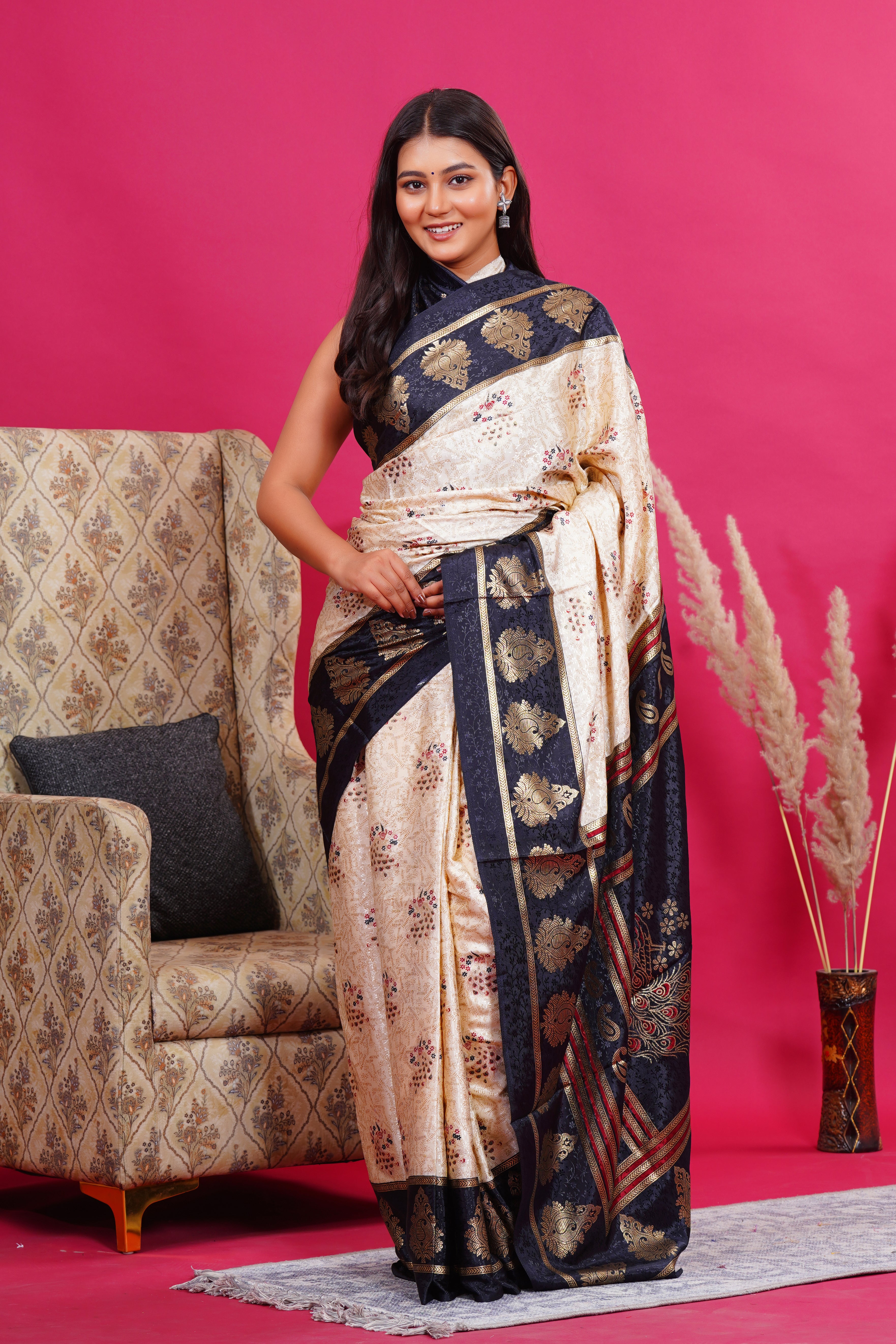 Black Golden Kalash Peacock Silk Saree