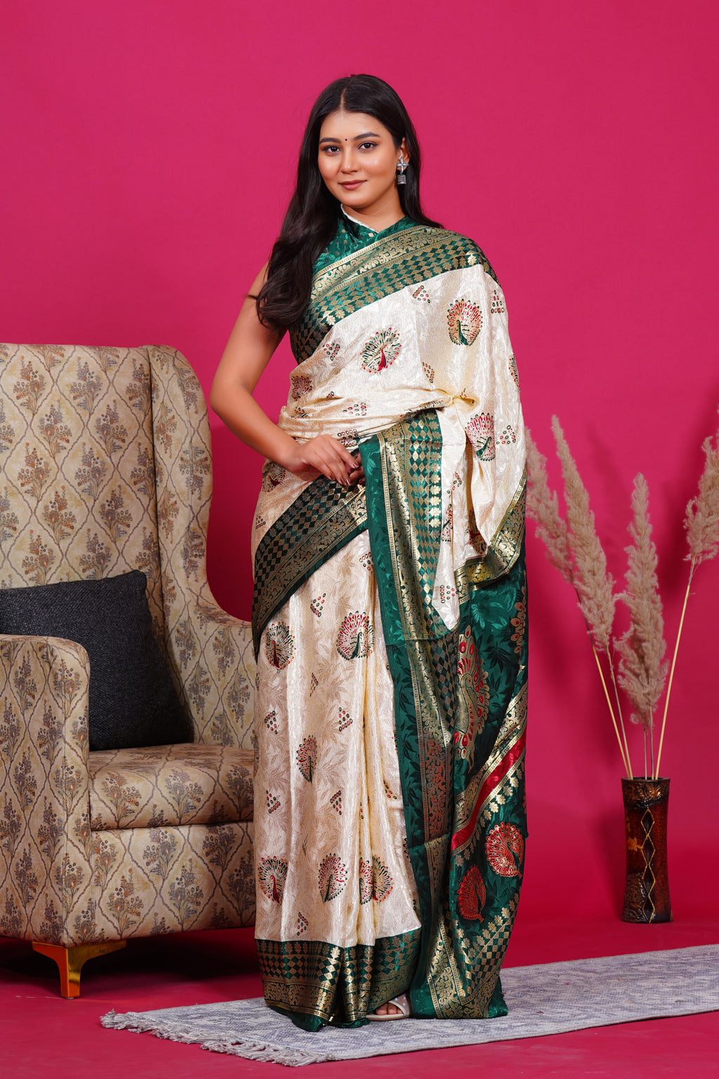 Dark Green Golden Peacock Silk Saree