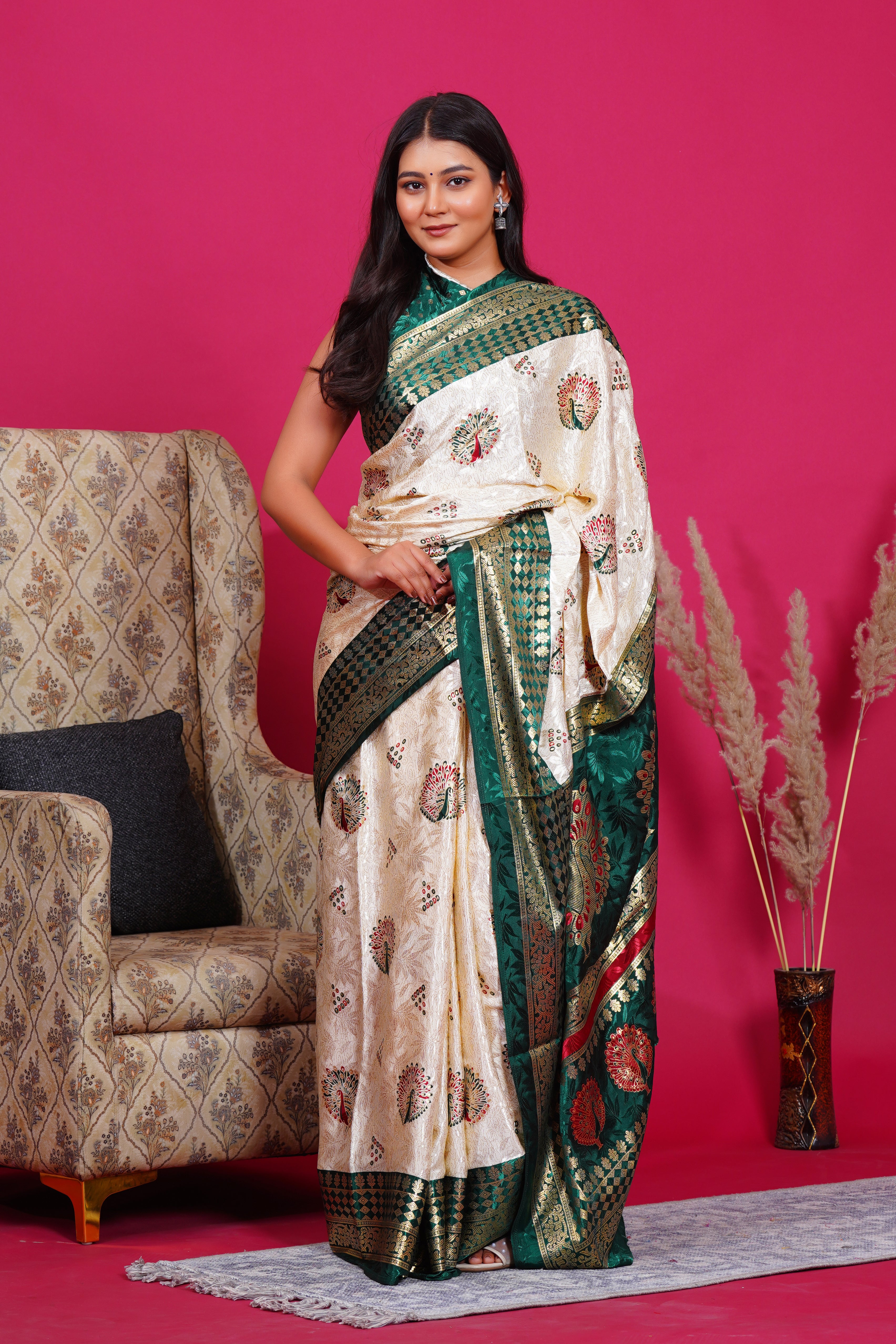 Dark Green Golden Peacock Silk Saree
