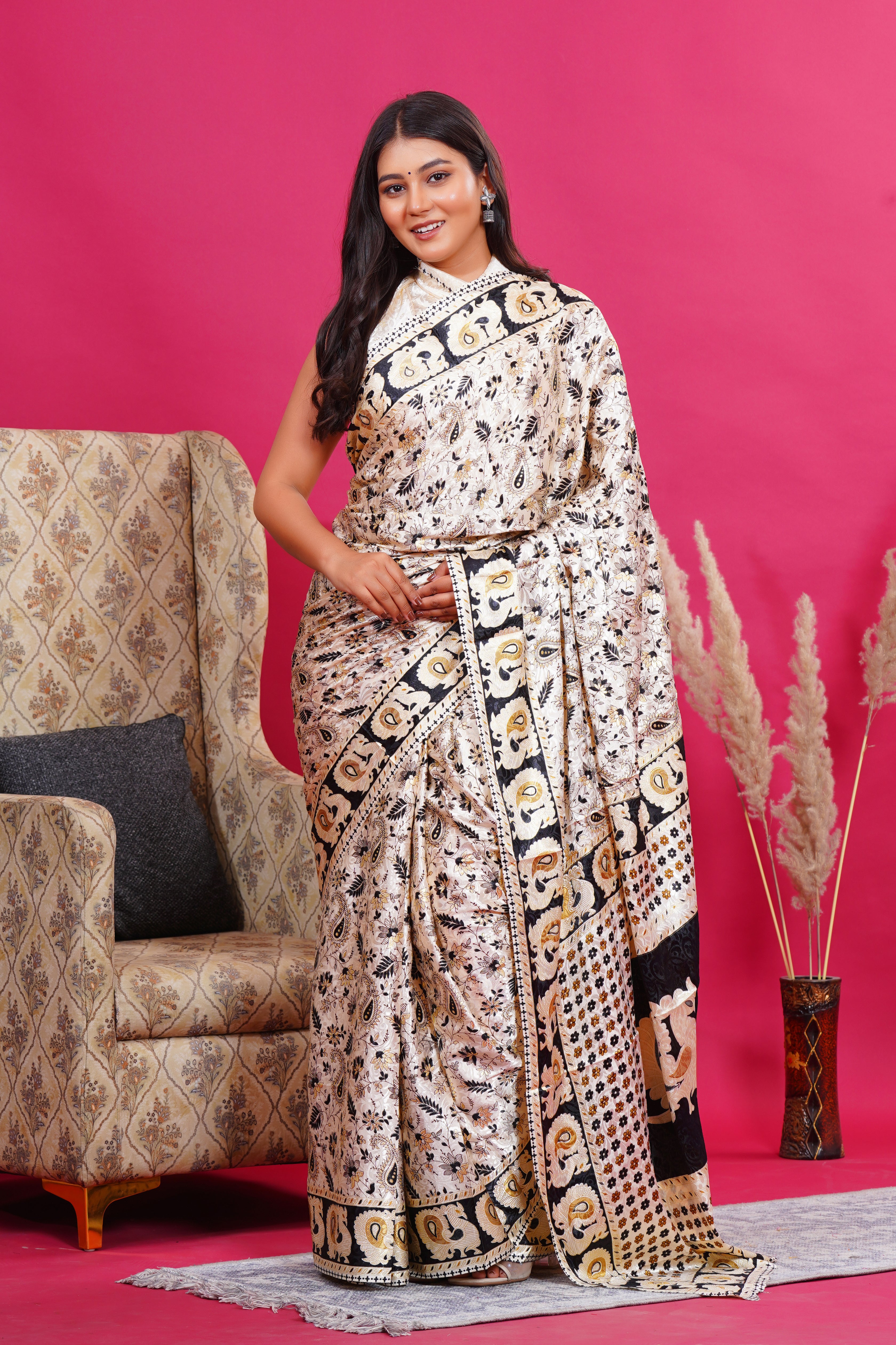 Black Golden Floral Peacock Silk Saree