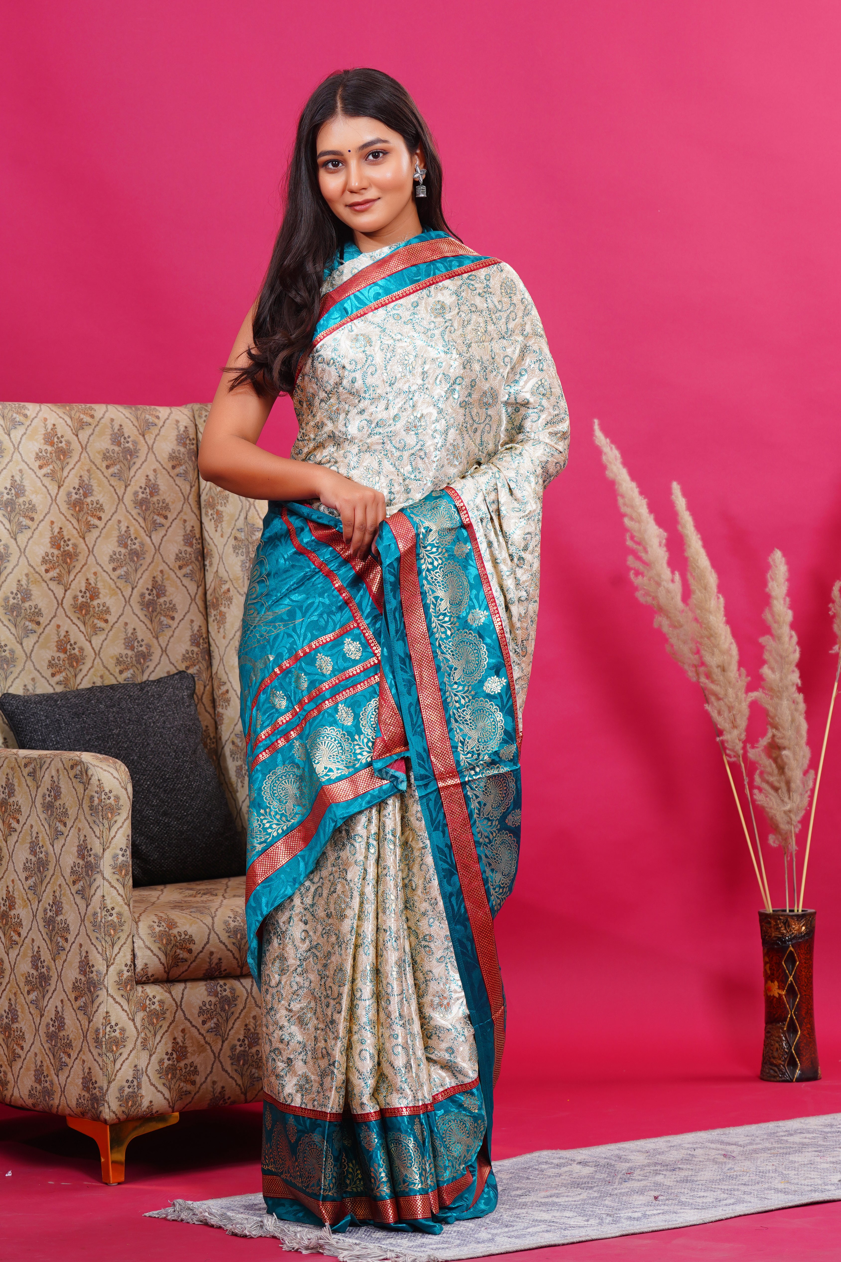 Green Golden Flower Peacock Silk Saree