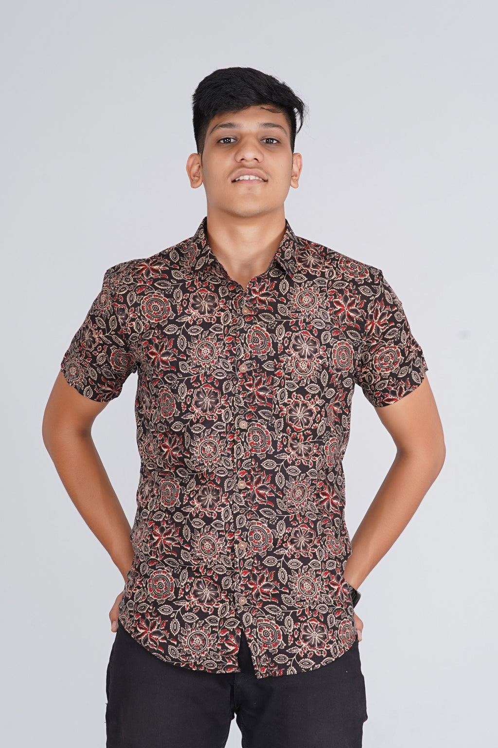 Ajrakh Jaal Half Sleevs Black Shirt