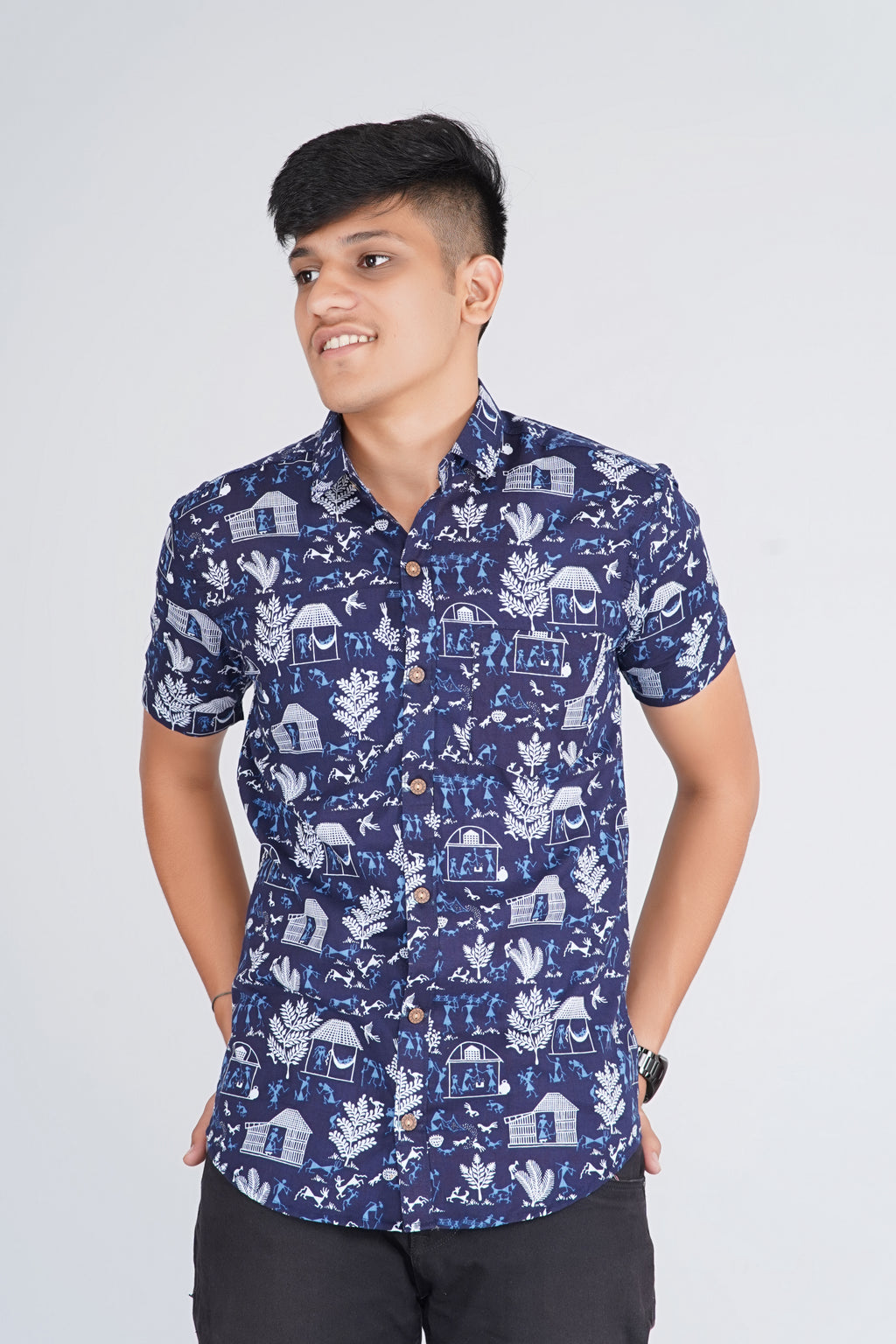 Warli Art Indigo Half Sleeves Shirt