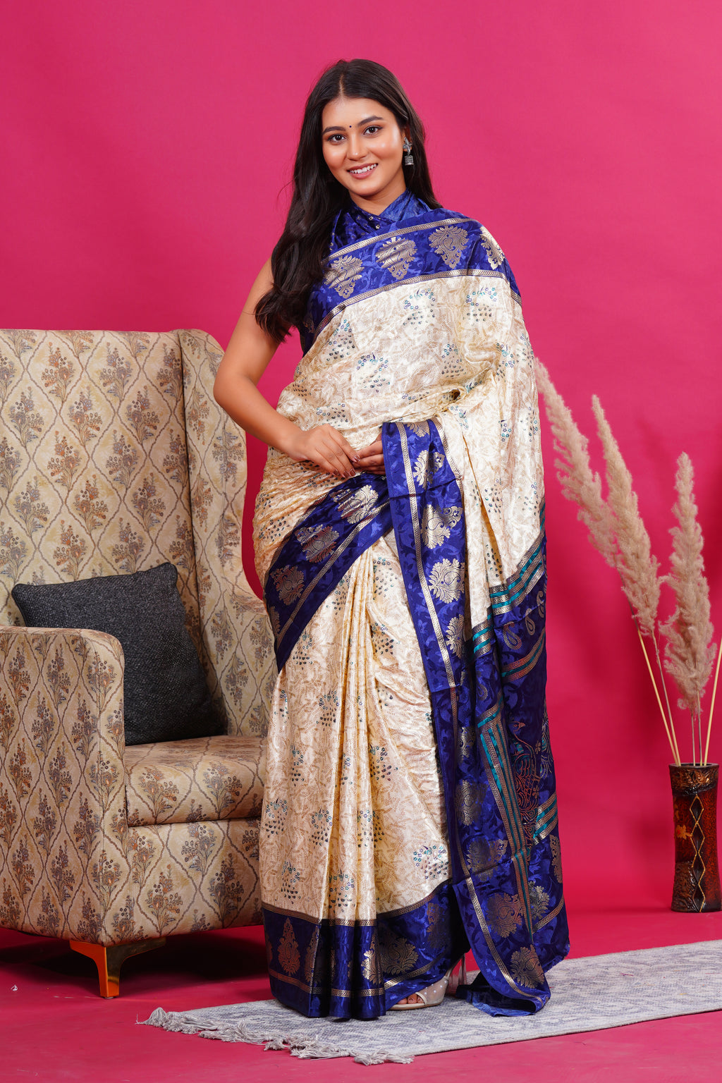 Blue Golden Kalash Peacock Silk Saree