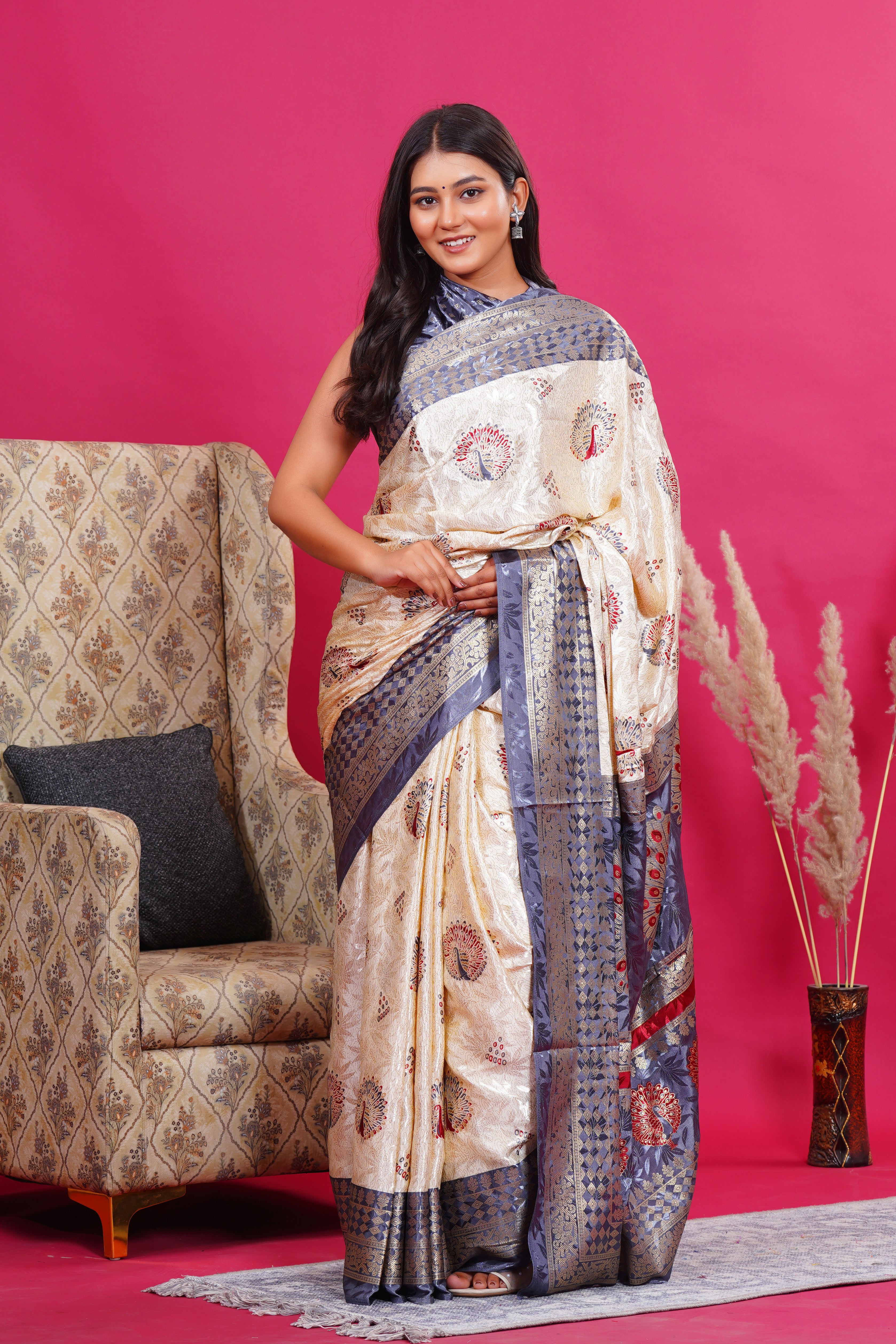 Grey Golden Peacock Silk Saree