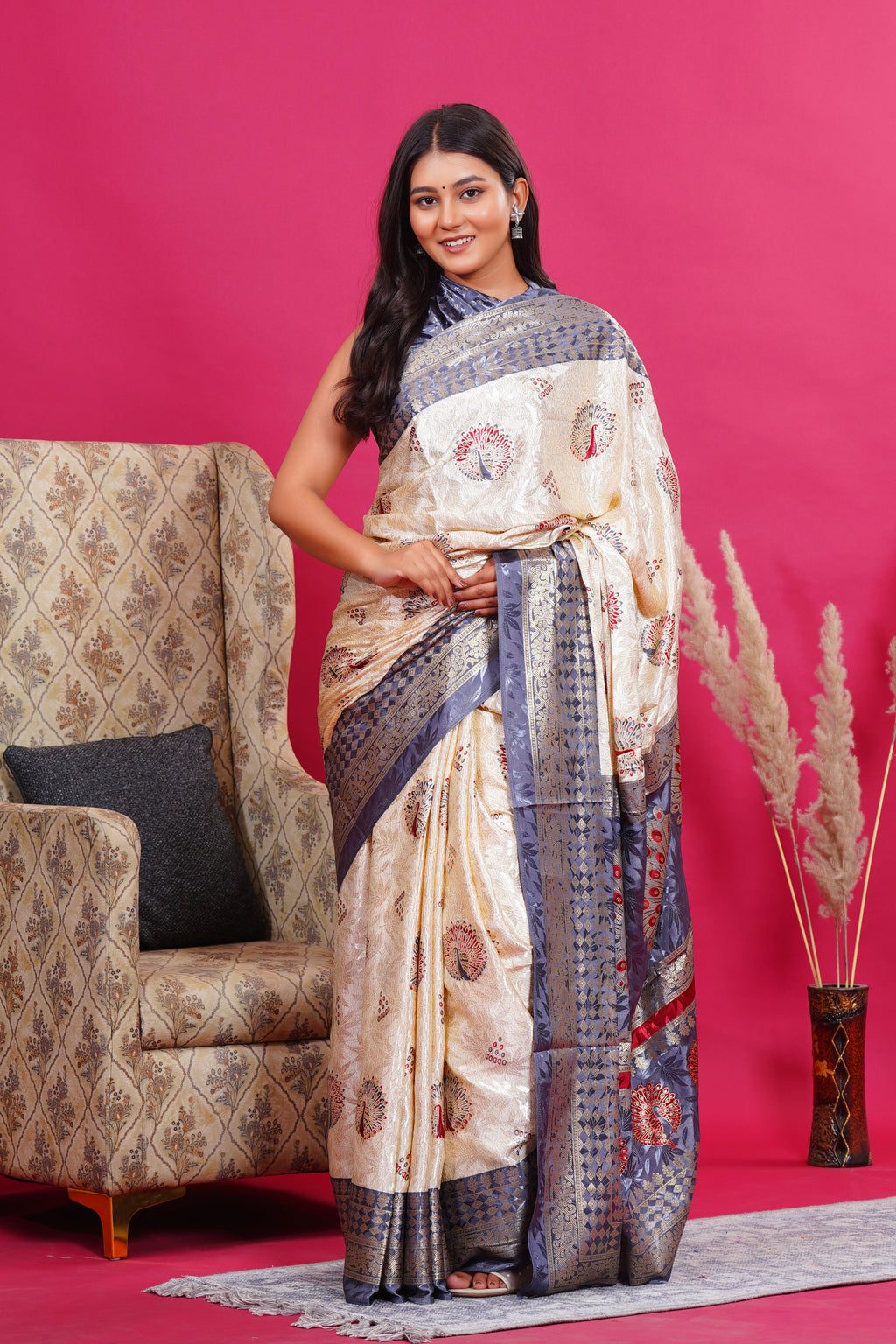 Grey Golden Peacock Silk Saree