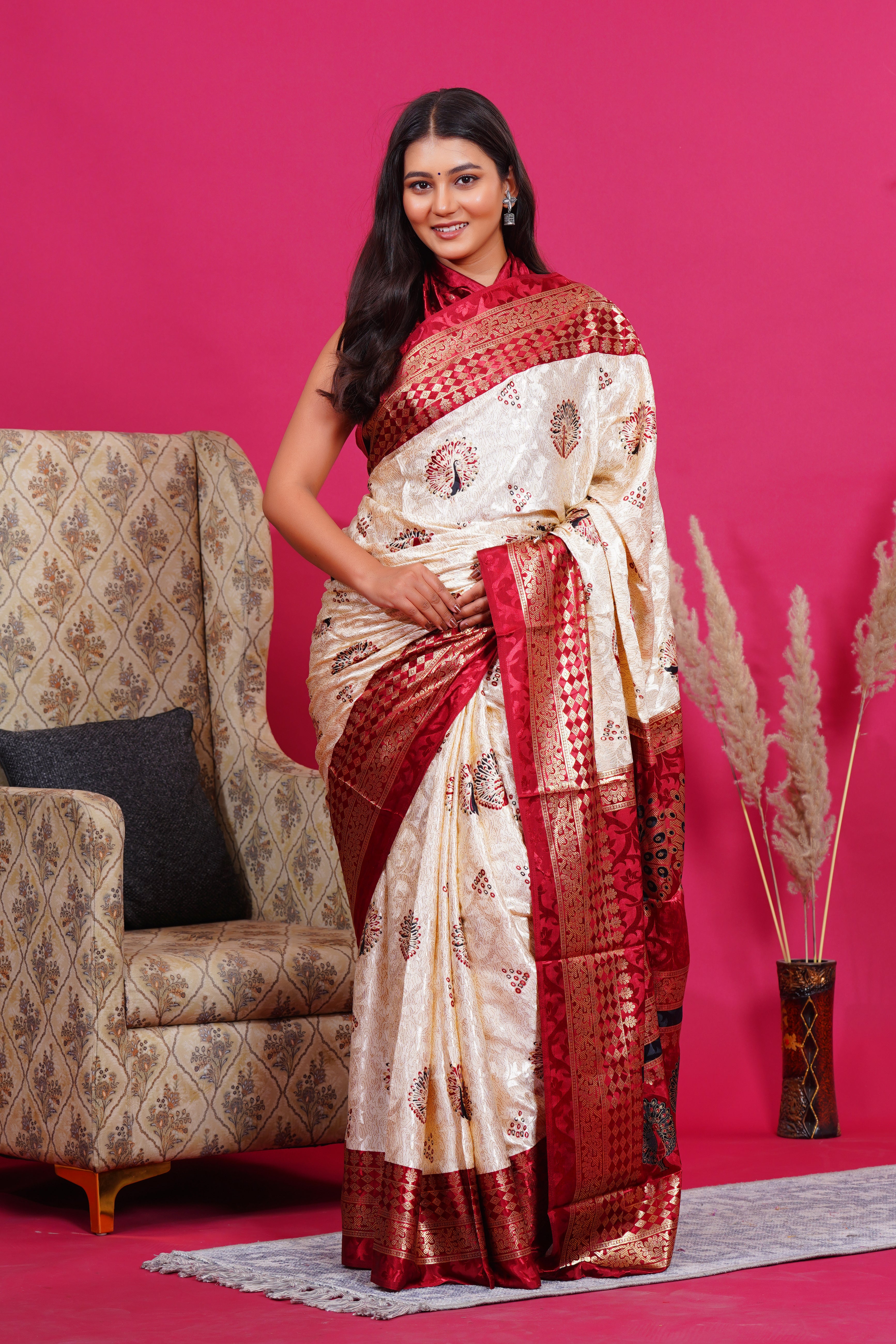 Maroon Golden Peacock Silk Saree