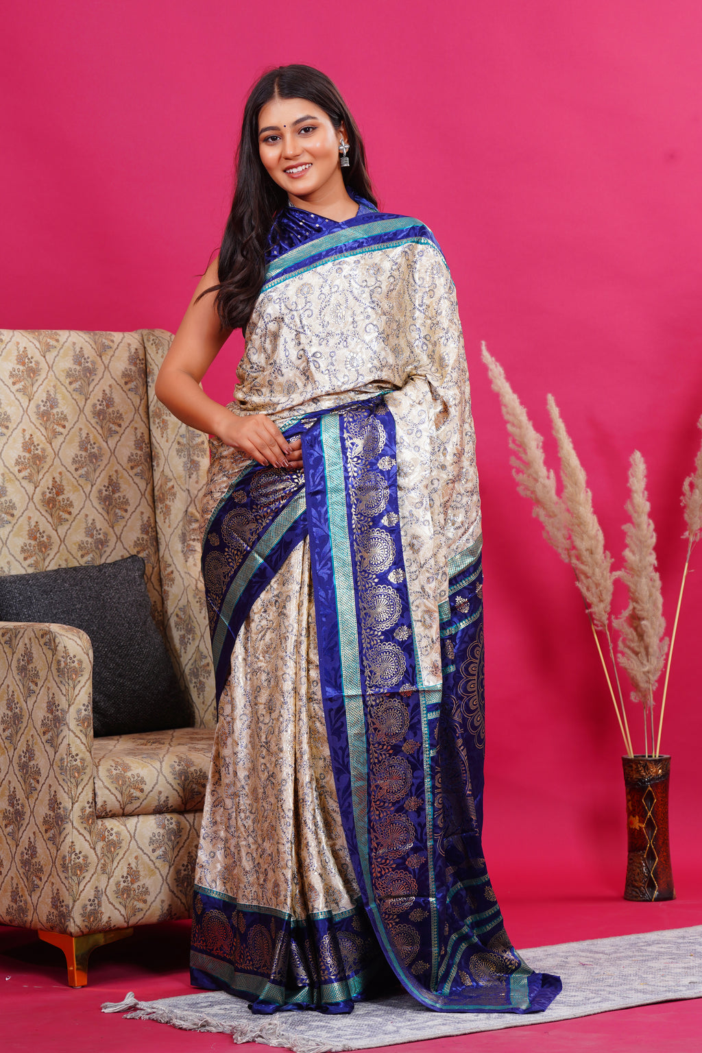 Blue Golden Flower Peacock Silk Saree