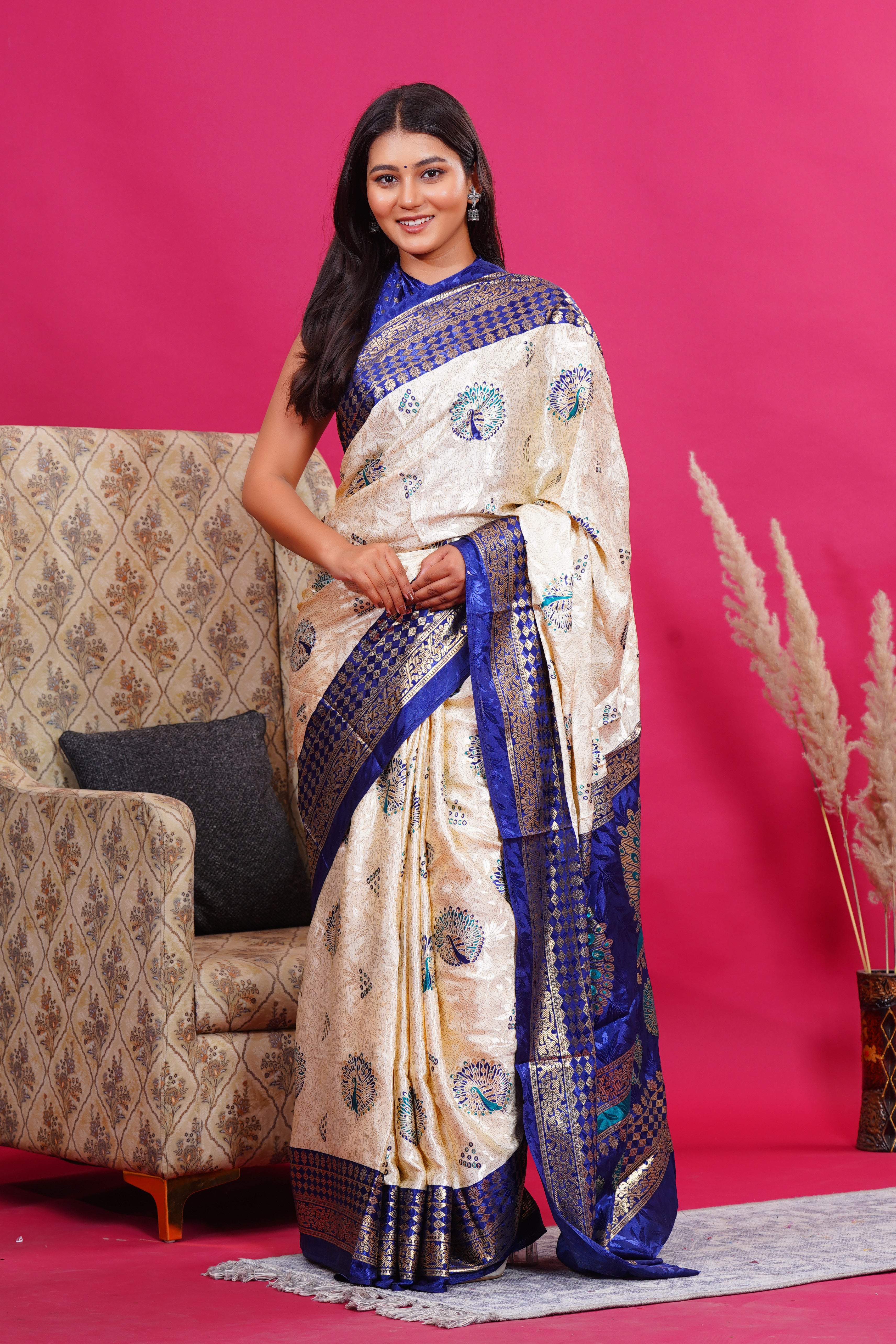 Blue Golden Peacock Silk Saree