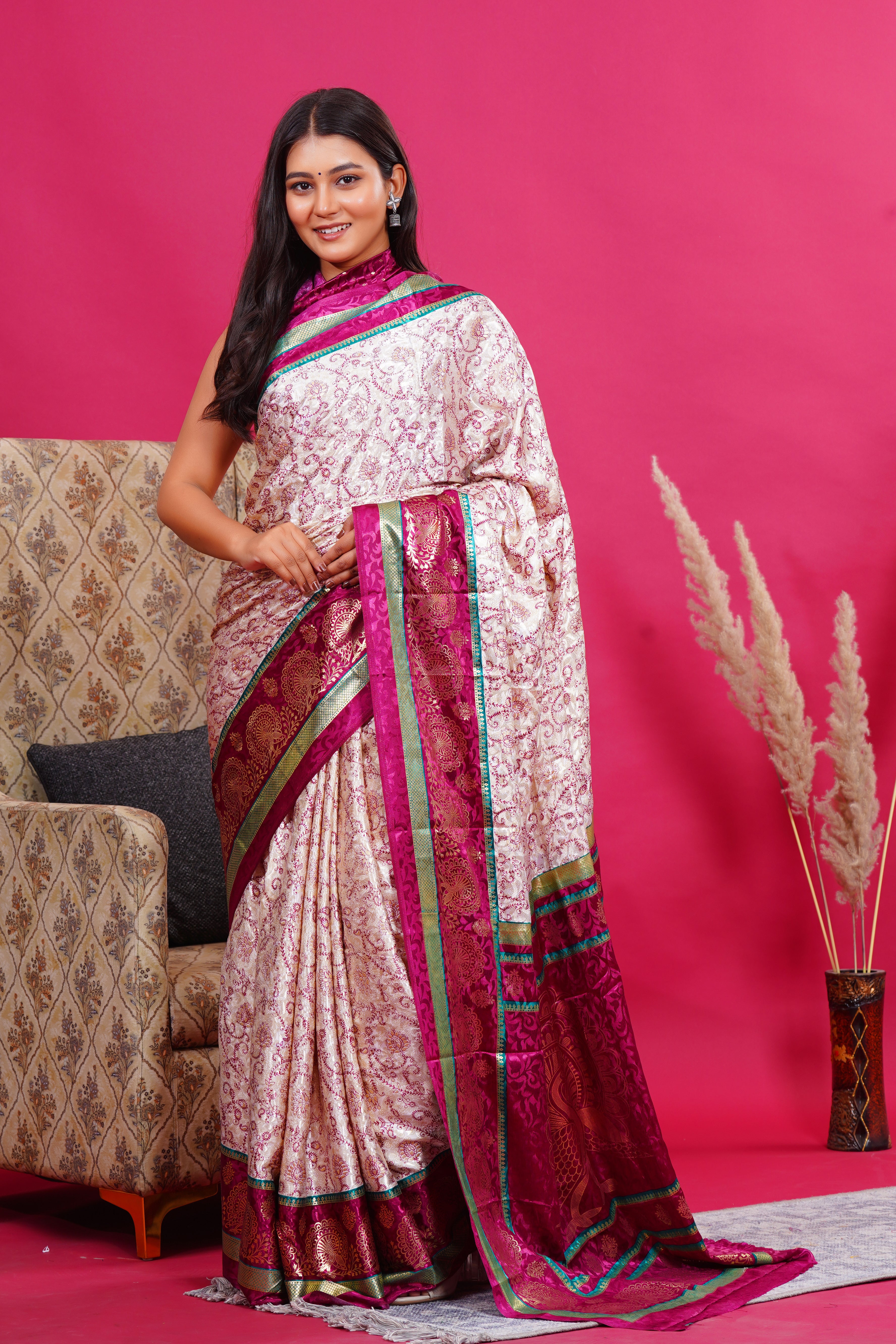 Purple Golden Flower Peacock Silk Saree