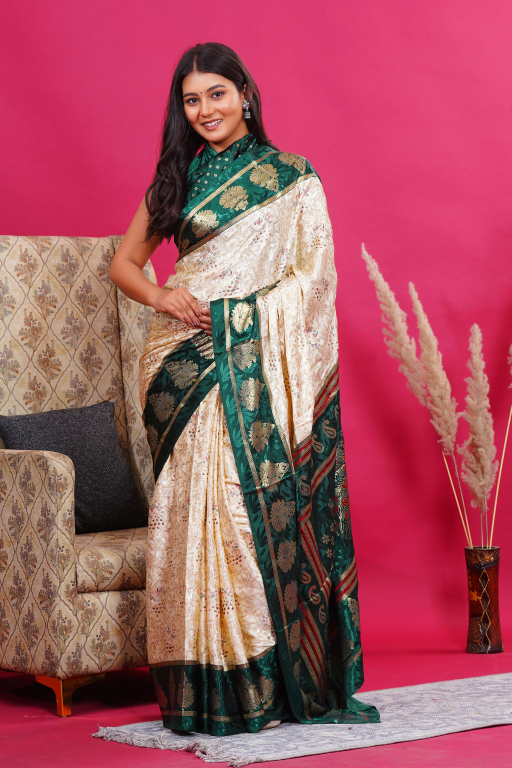Dark Green Golden Kalash Peacock Silk Saree
