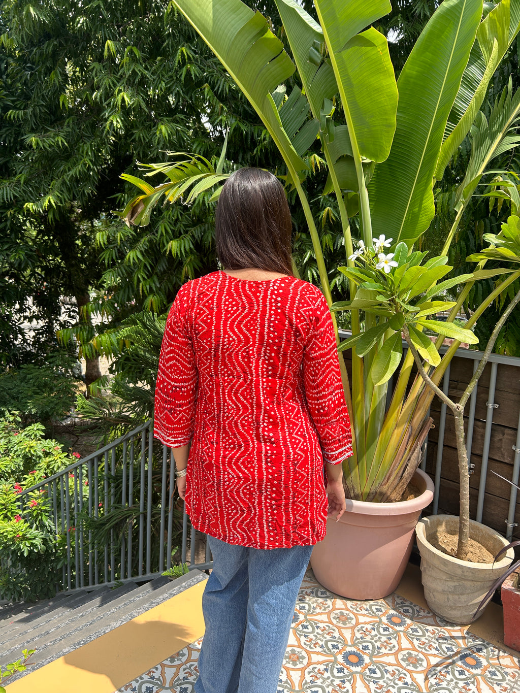 Red Bandhej Noorani Kurti