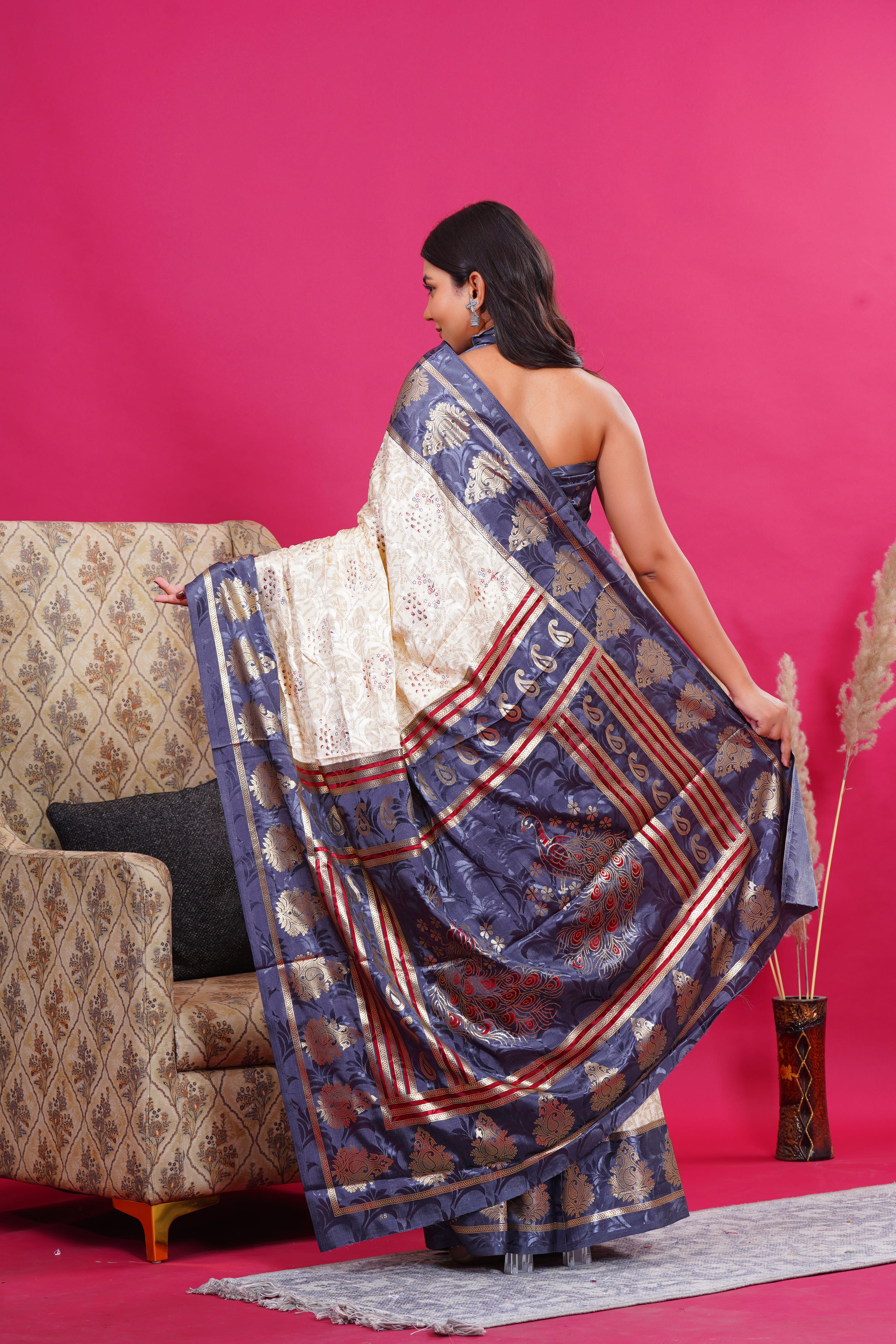 Grey Golden Kalash Peacock Silk Saree
