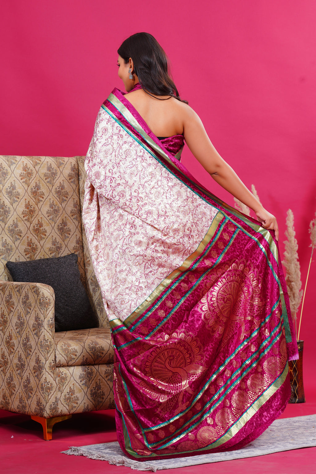 Purple Golden Flower Peacock Silk Saree