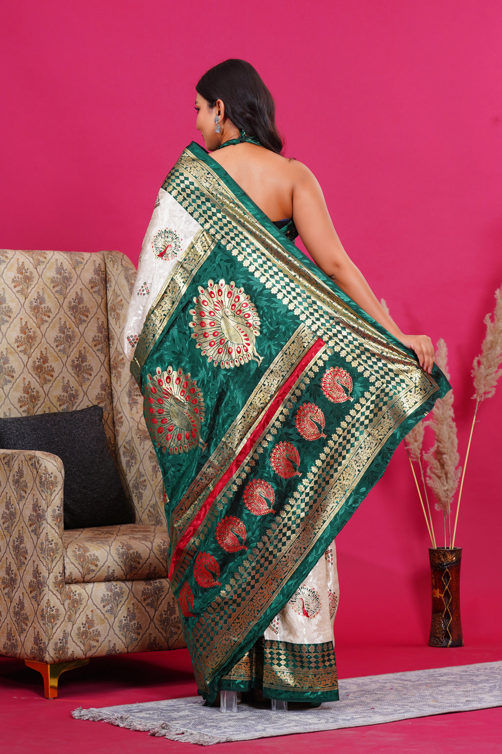 Dark Green Golden Peacock Silk Saree