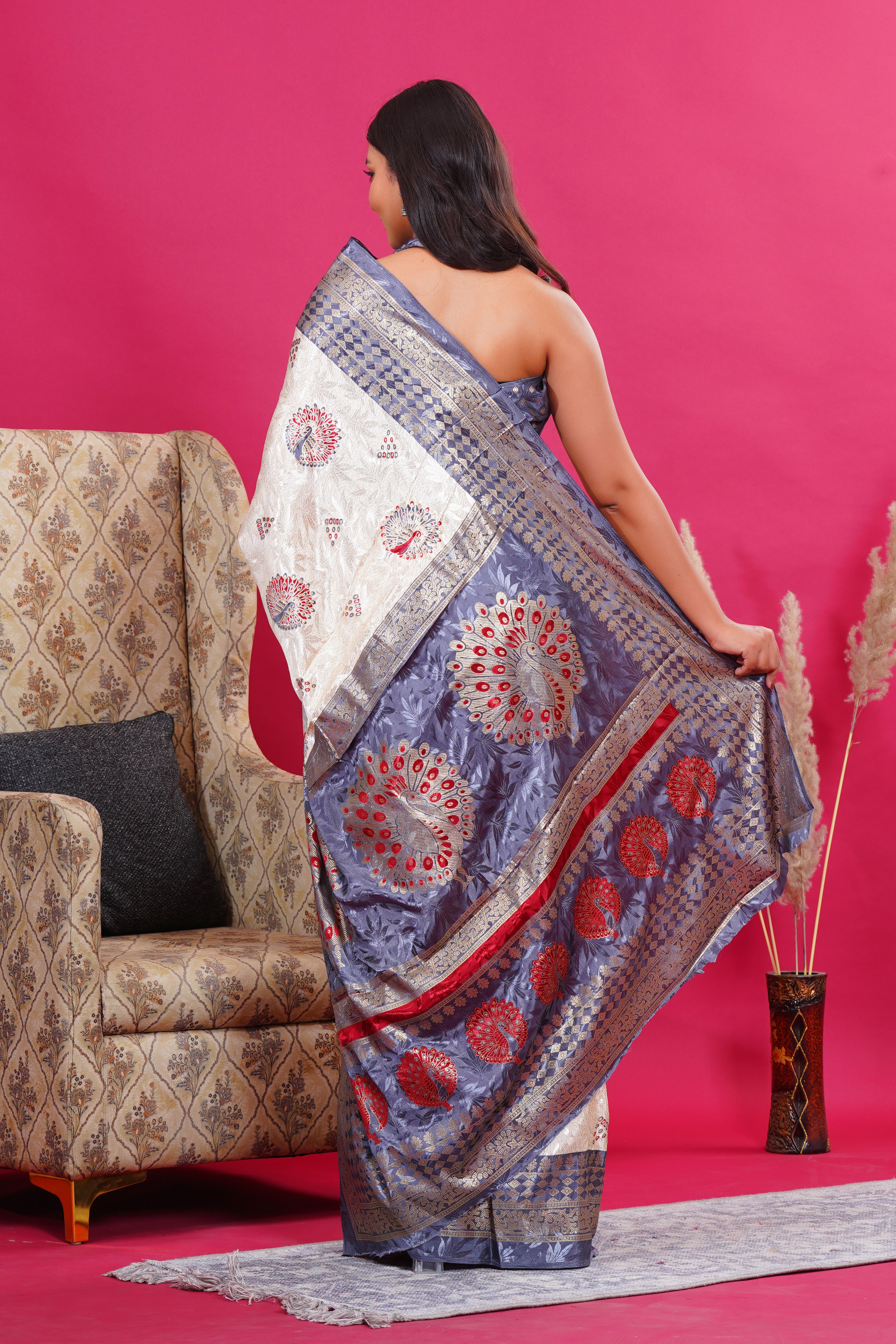 Grey Golden Peacock Silk Saree