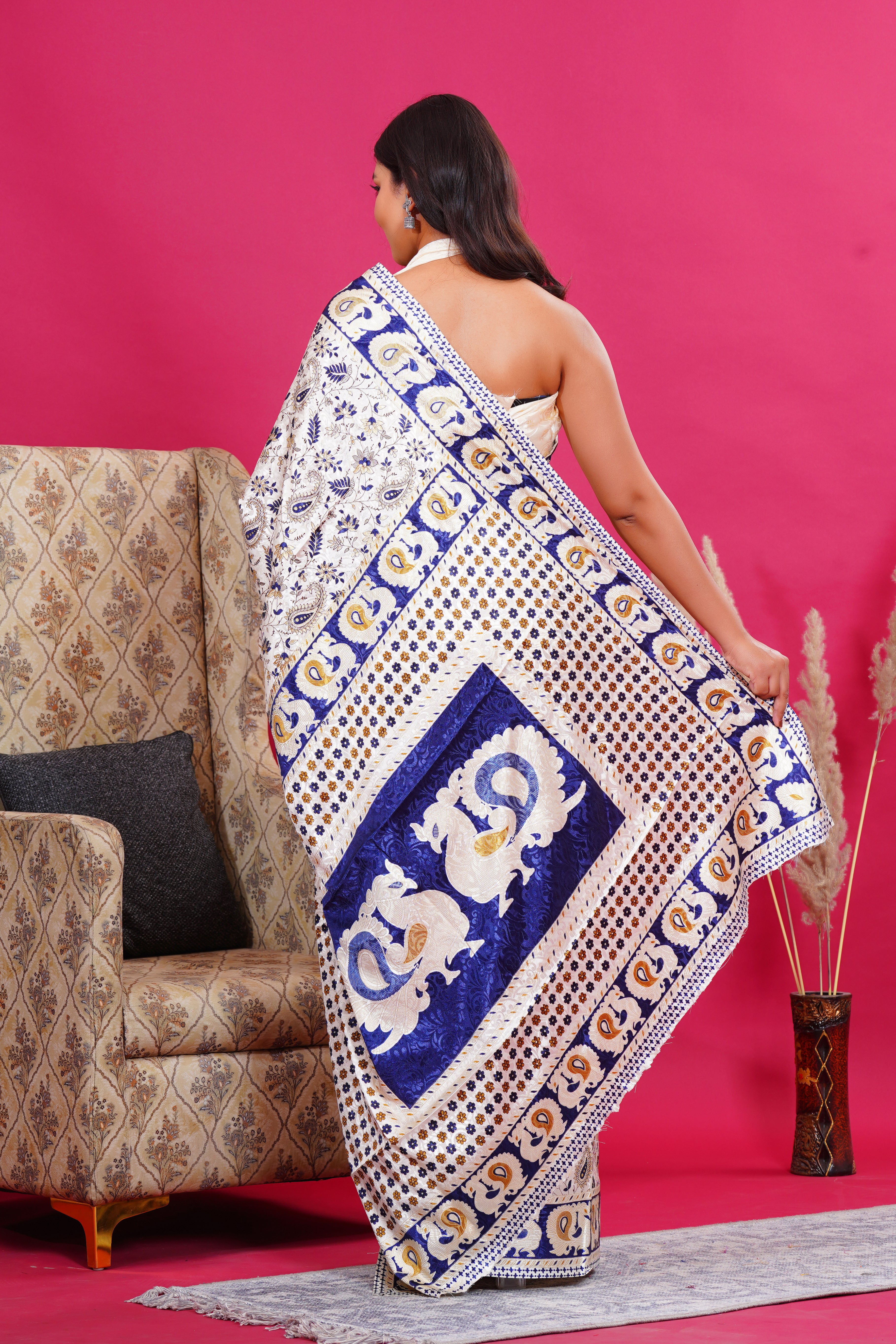 Blue Golden Floral Peacock Silk Saree