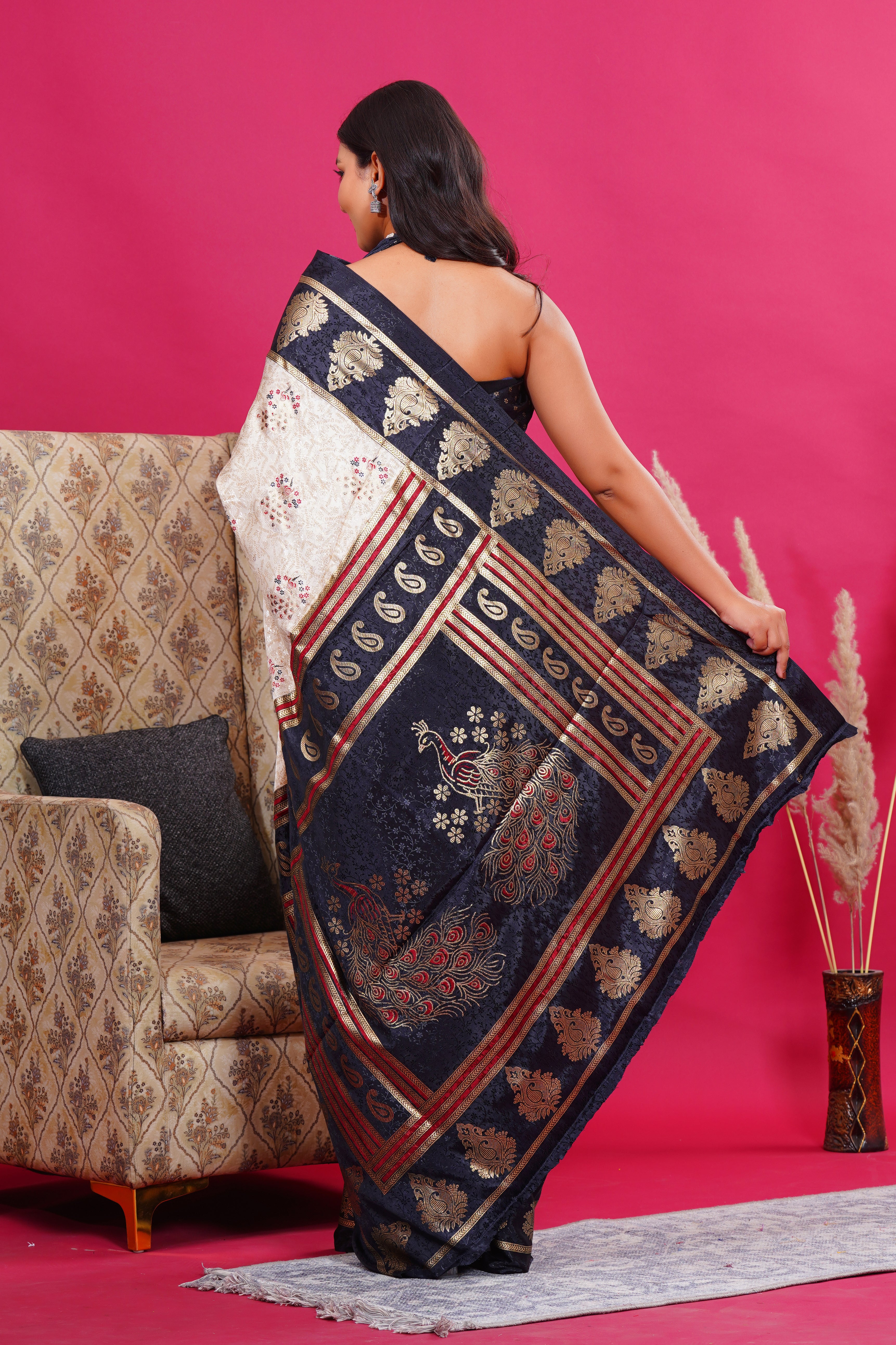 Black Golden Kalash Peacock Silk Saree