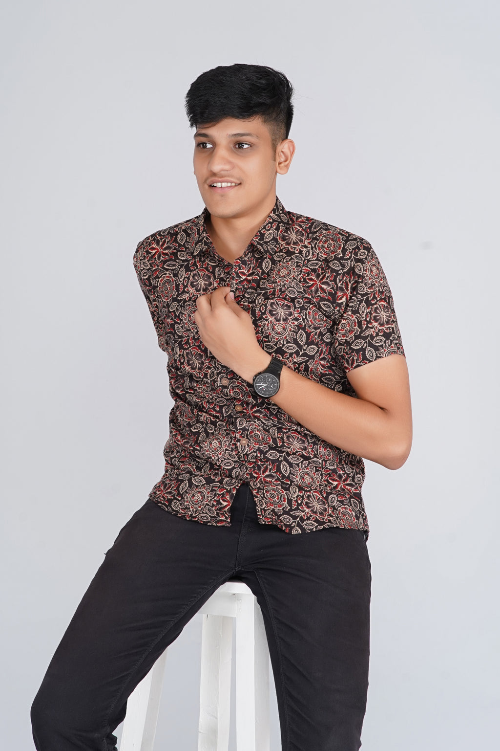 Ajrakh Jaal Half Sleevs Black Shirt