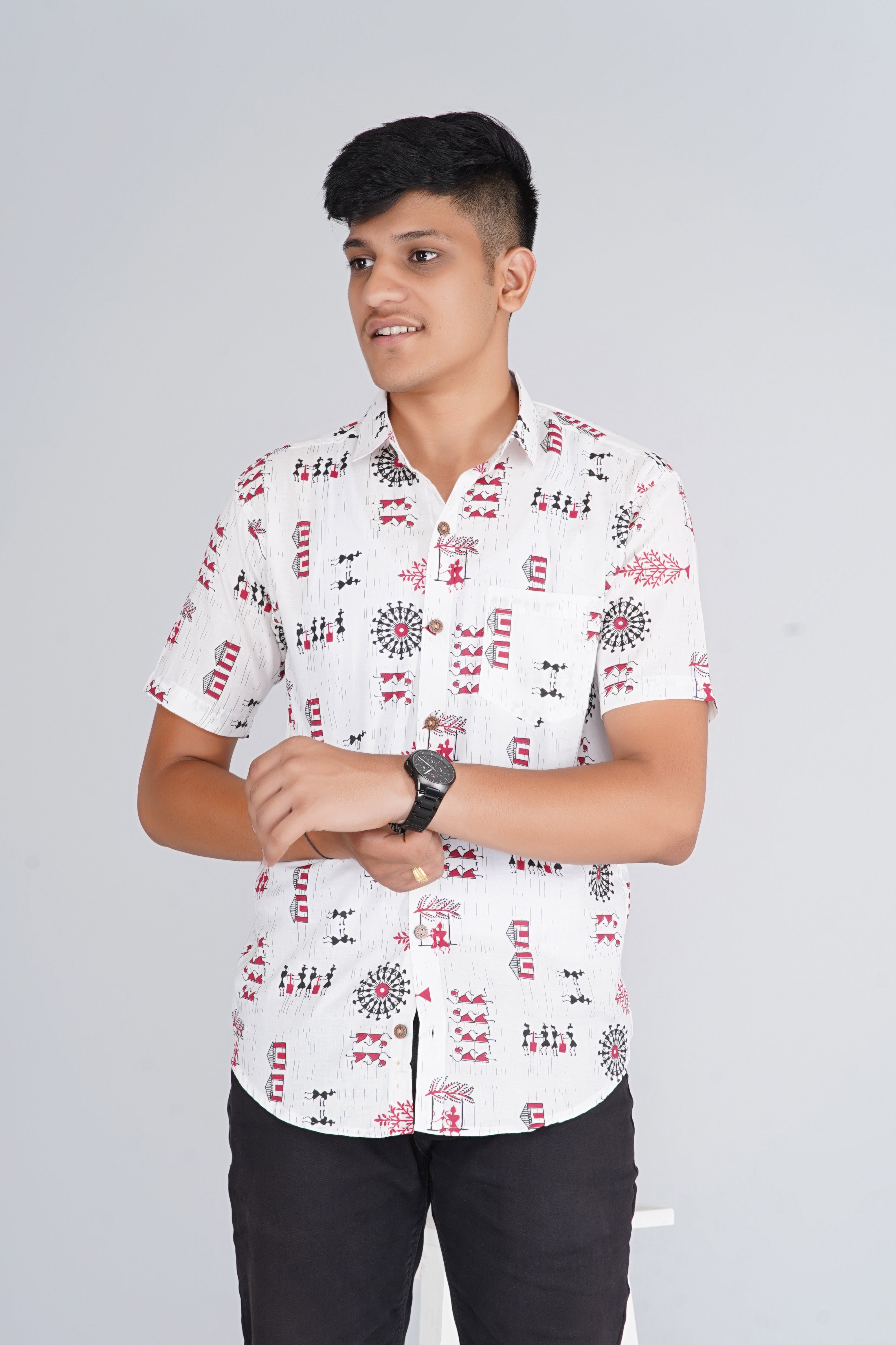 White Warli Art Half Sleeves Shirt