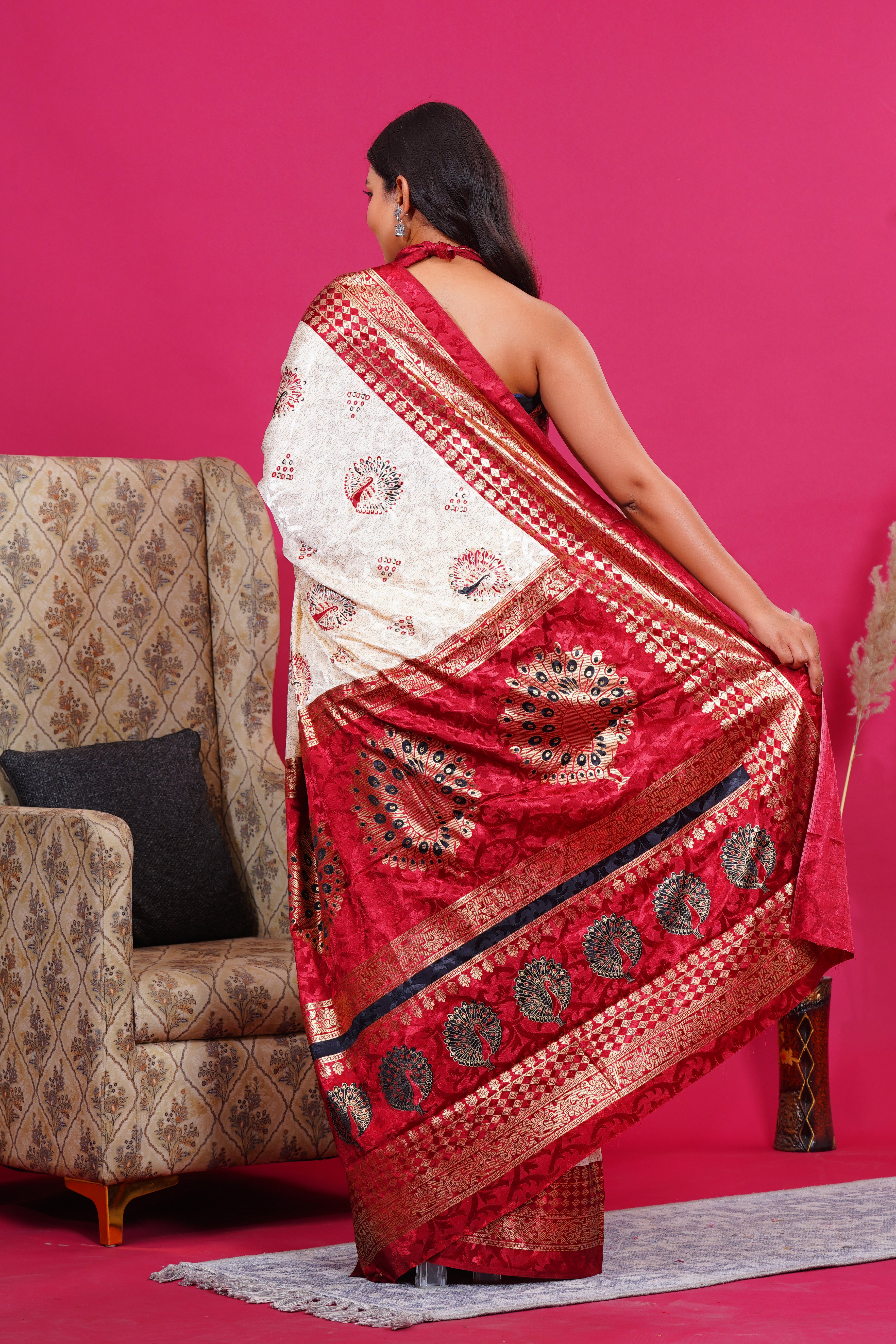 Maroon Golden Peacock Silk Saree