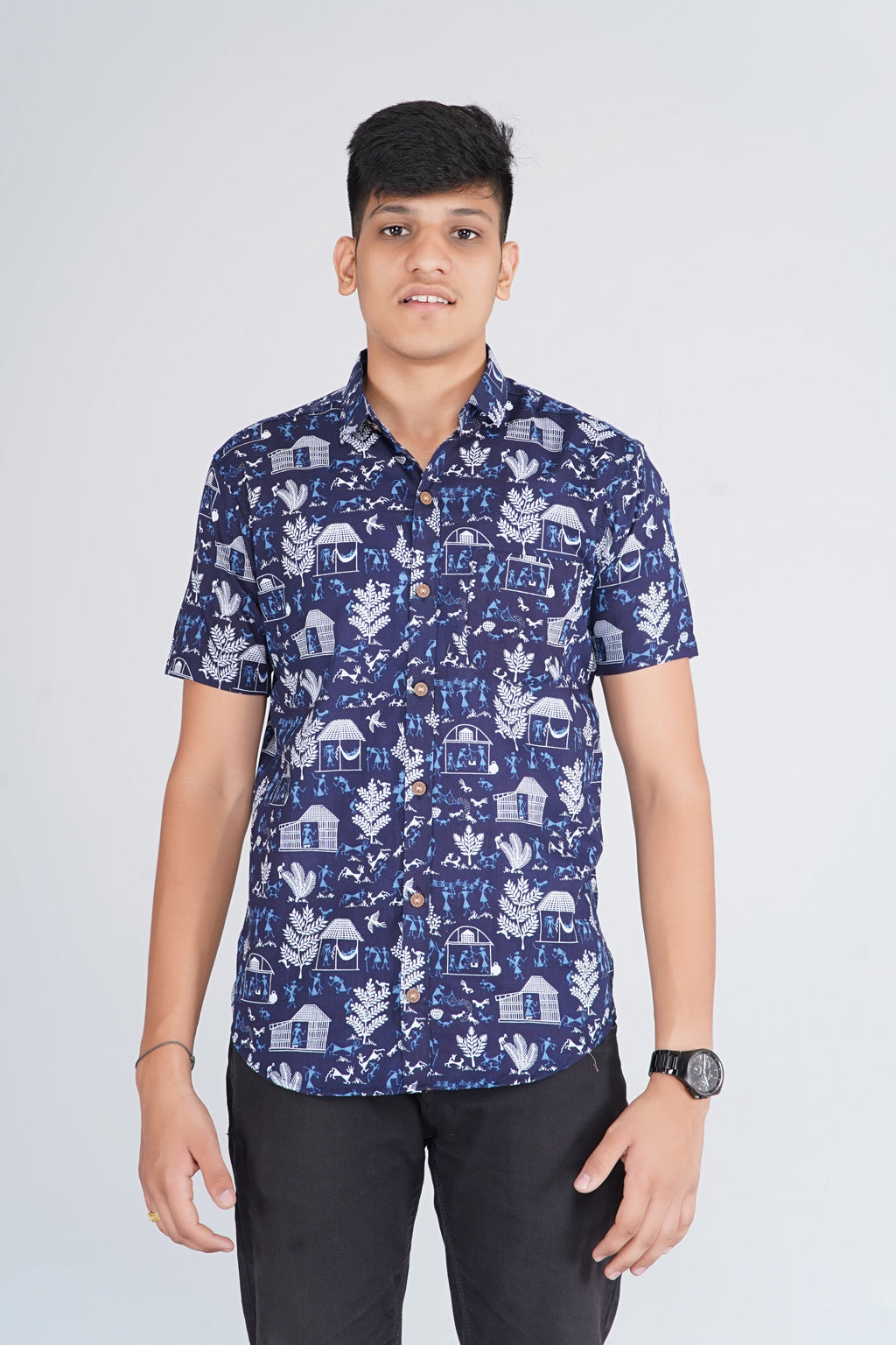 Warli Art Indigo Half Sleeves Shirt
