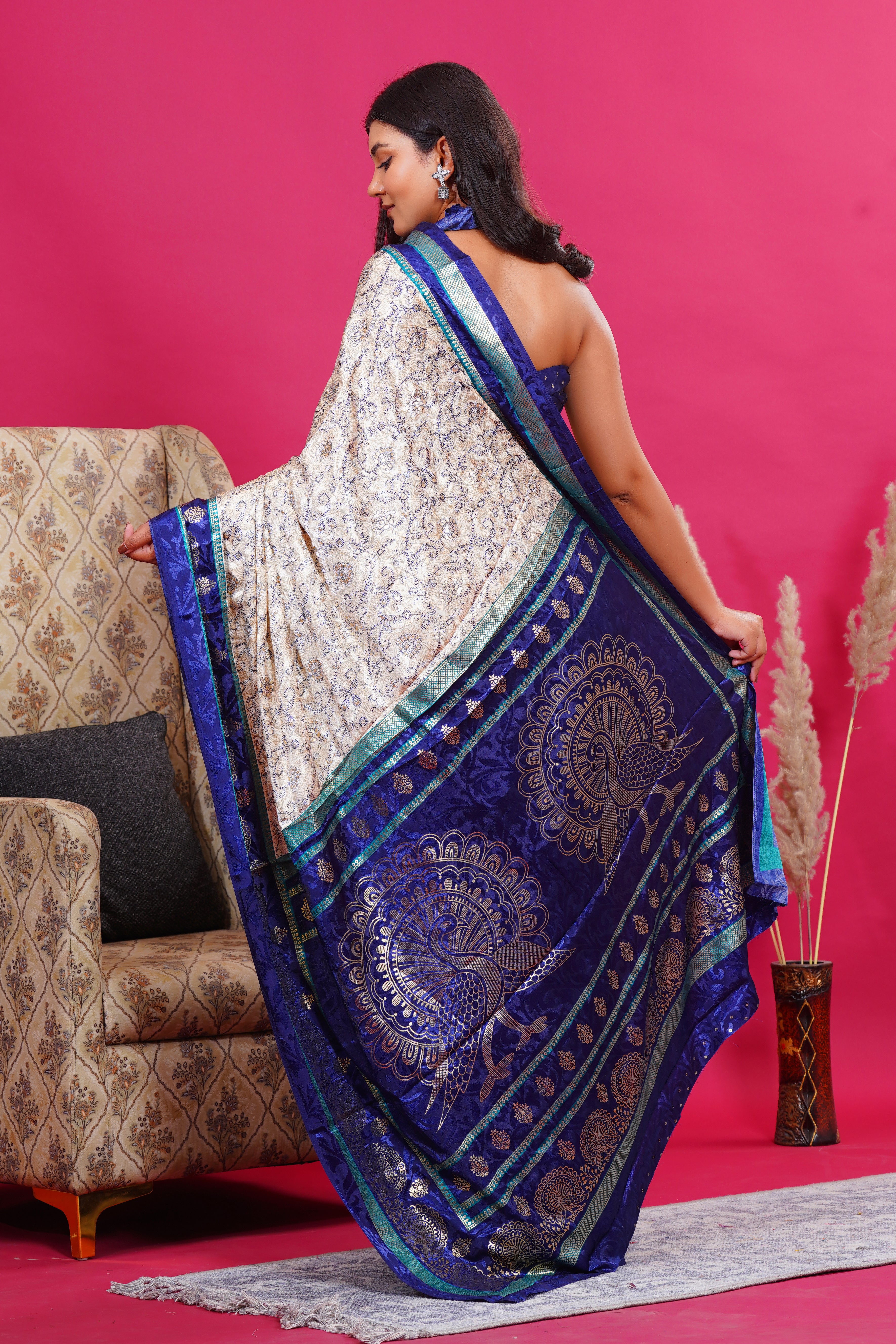 Blue Golden Flower Peacock Silk Saree
