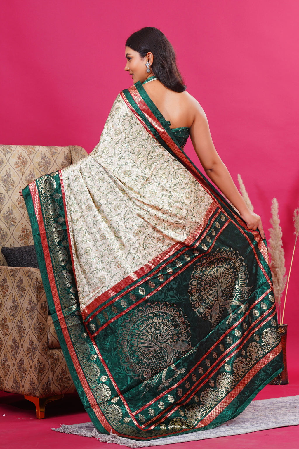 Dark Green Golden Flower Peacock Silk Saree