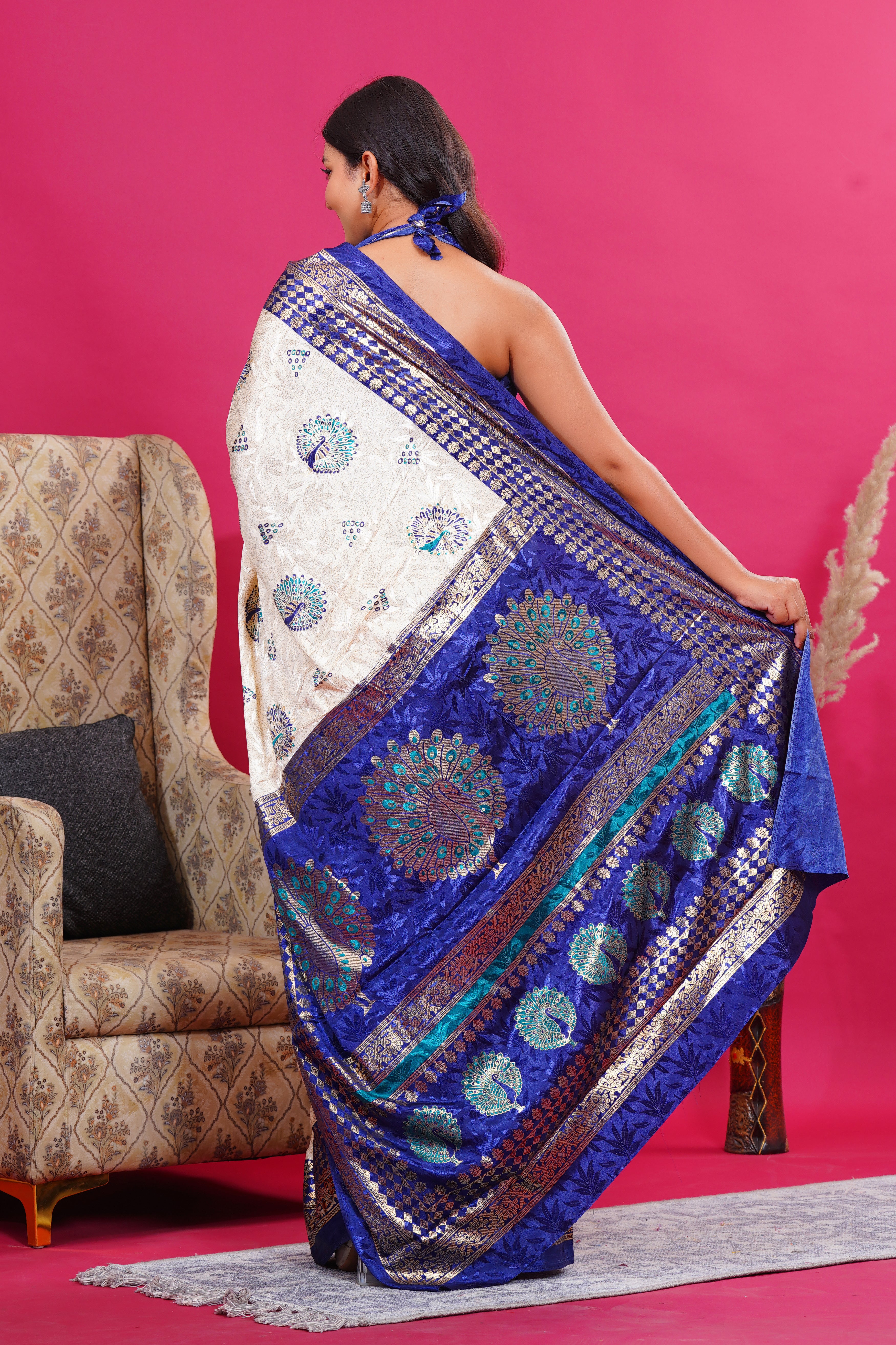 Blue Golden Peacock Silk Saree