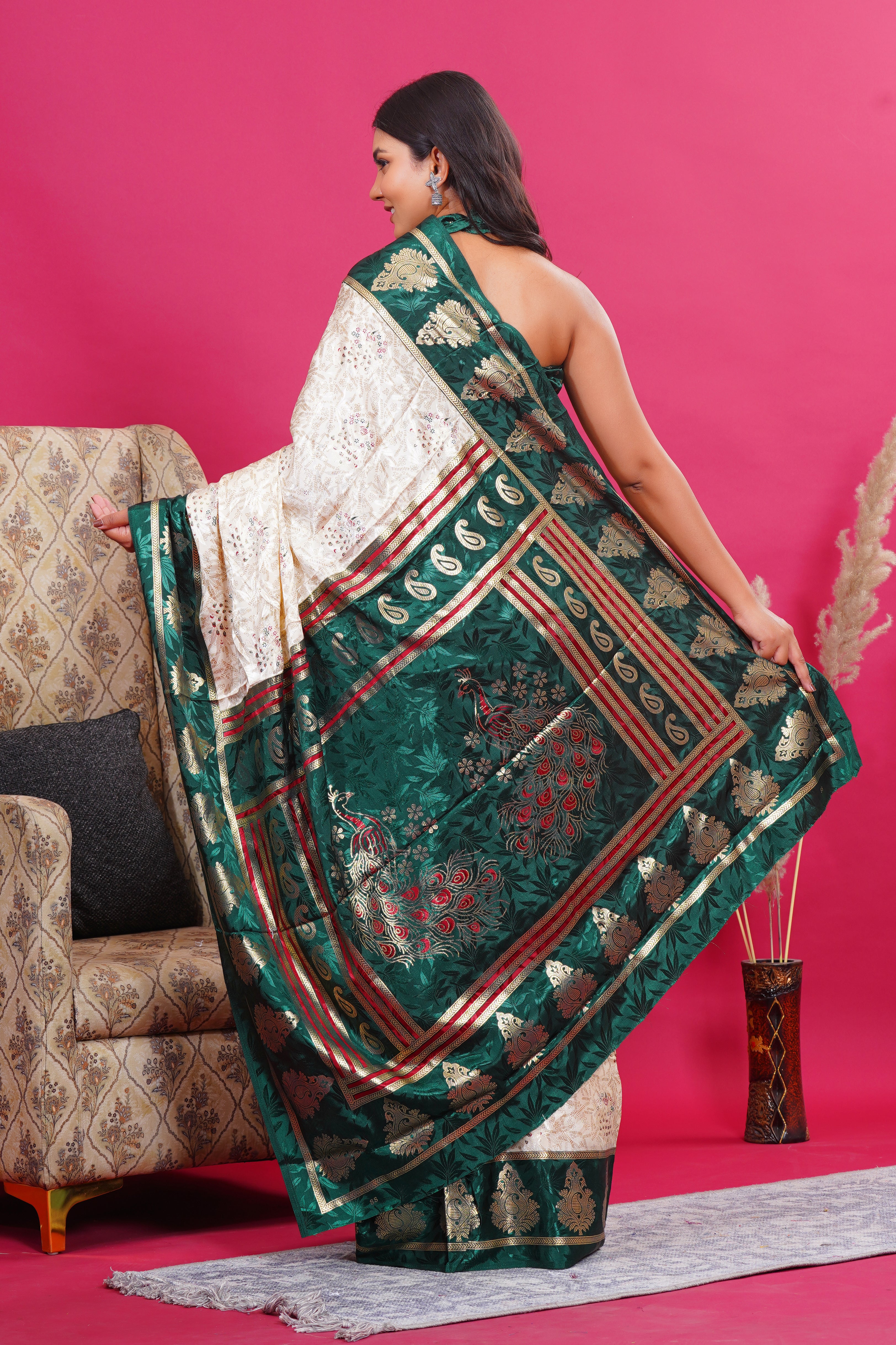 Dark Green Golden Kalash Peacock Silk Saree