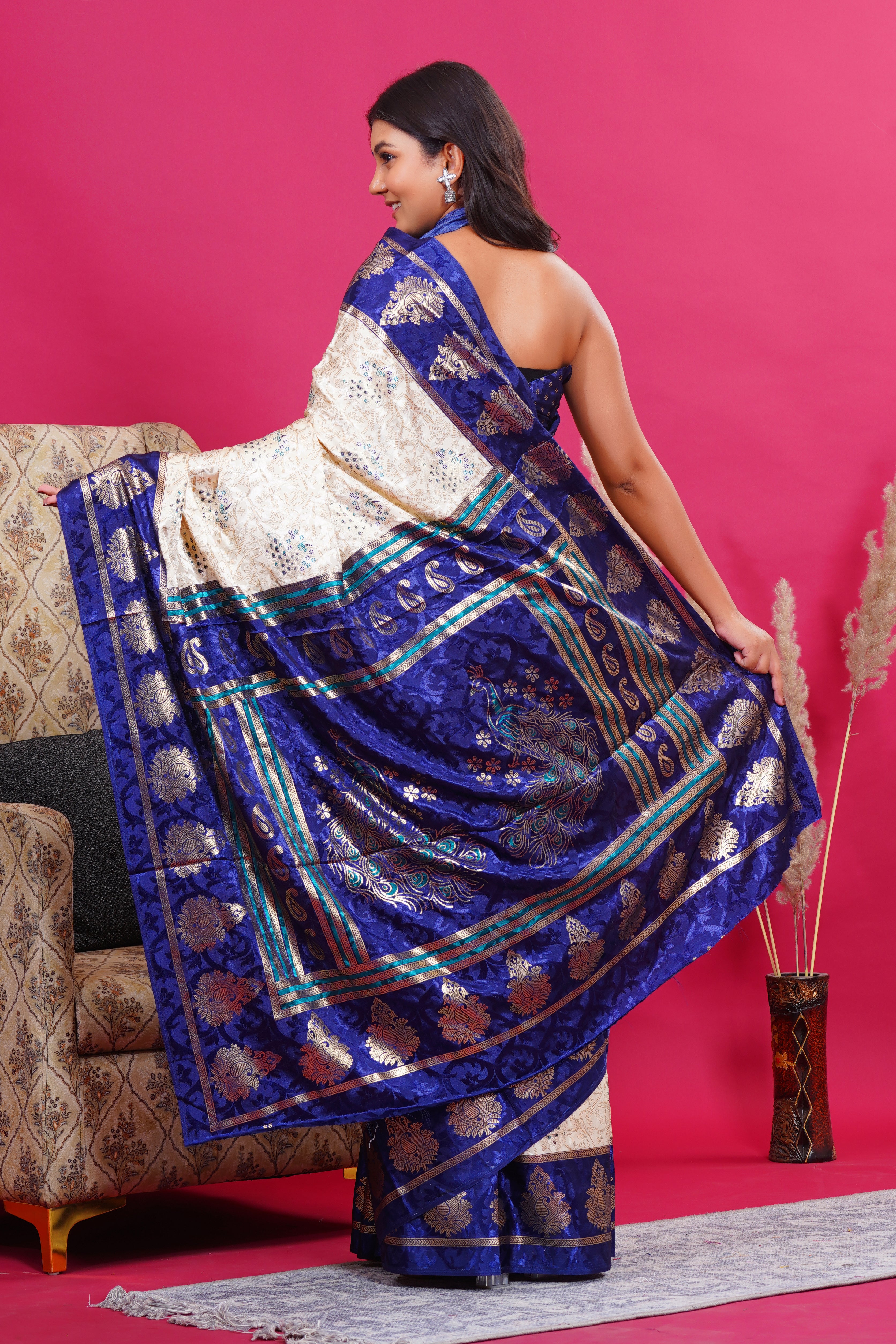 Blue Golden Kalash Peacock Silk Saree