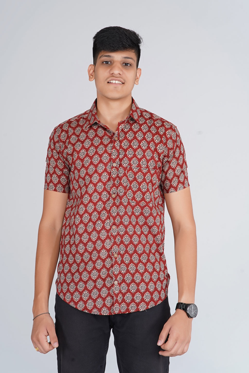 Maroon Ajrakh Tilak Half Sleeves Shirt
