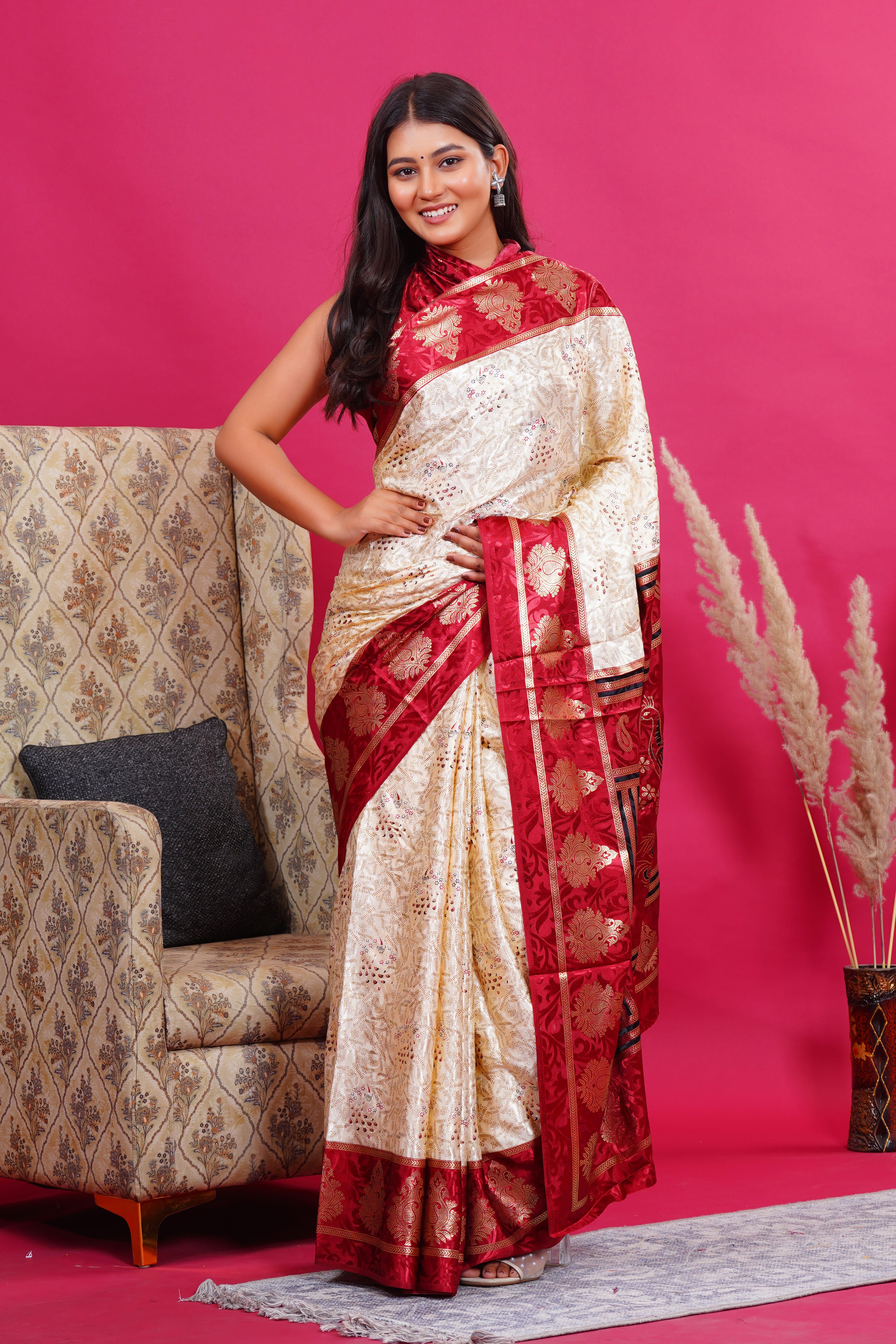 Maroon Golden Kalash Peacock Silk Saree