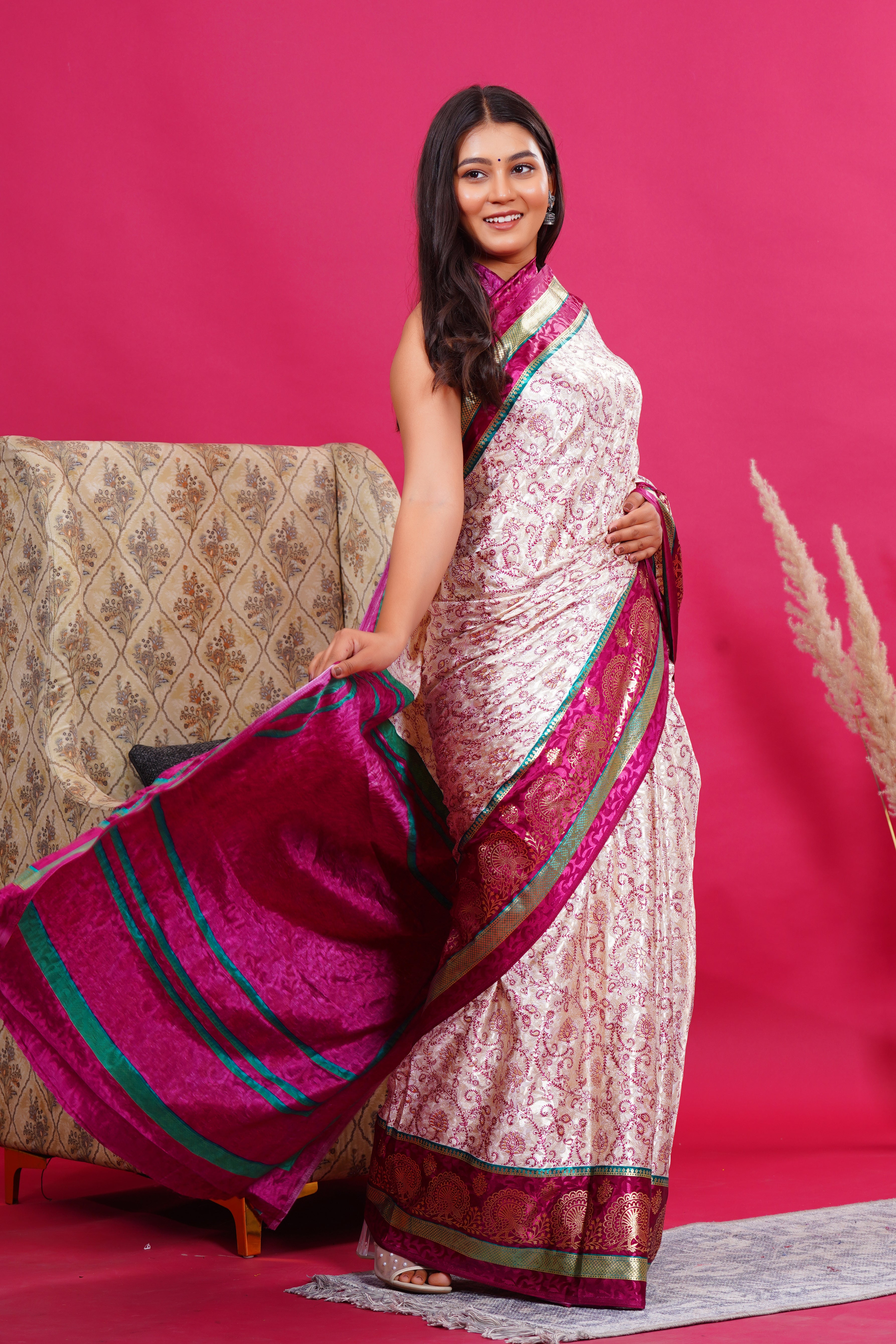 Purple Golden Flower Peacock Silk Saree