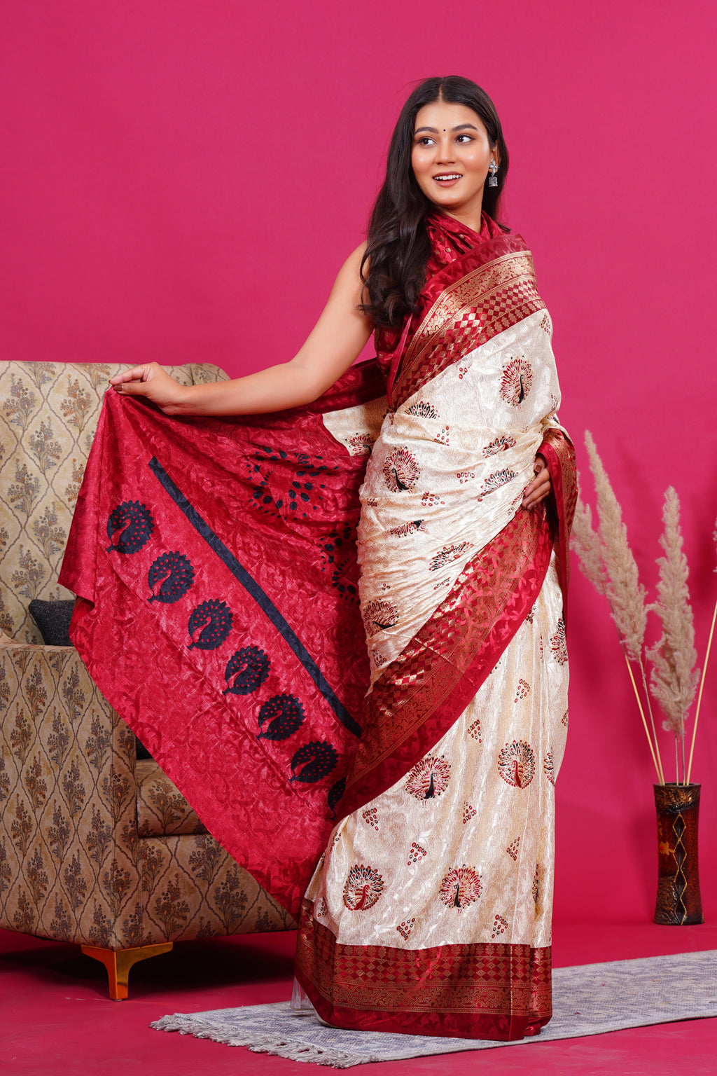 Maroon Golden Peacock Silk Saree