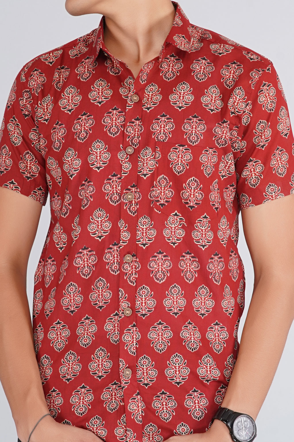 Maroon Ajrakh Butta Half Sleeves Shirt