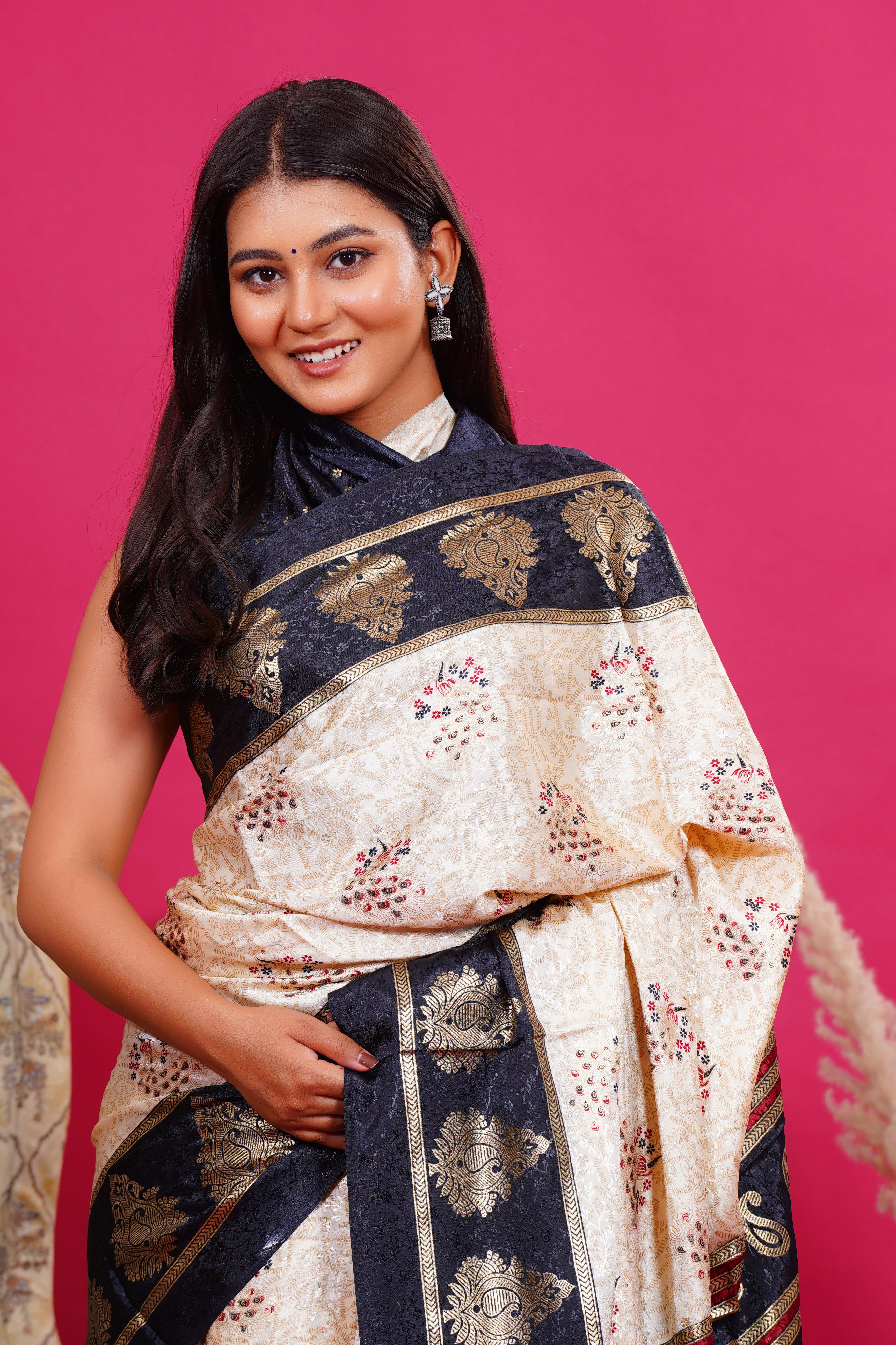 Black Golden Kalash Peacock Silk Saree