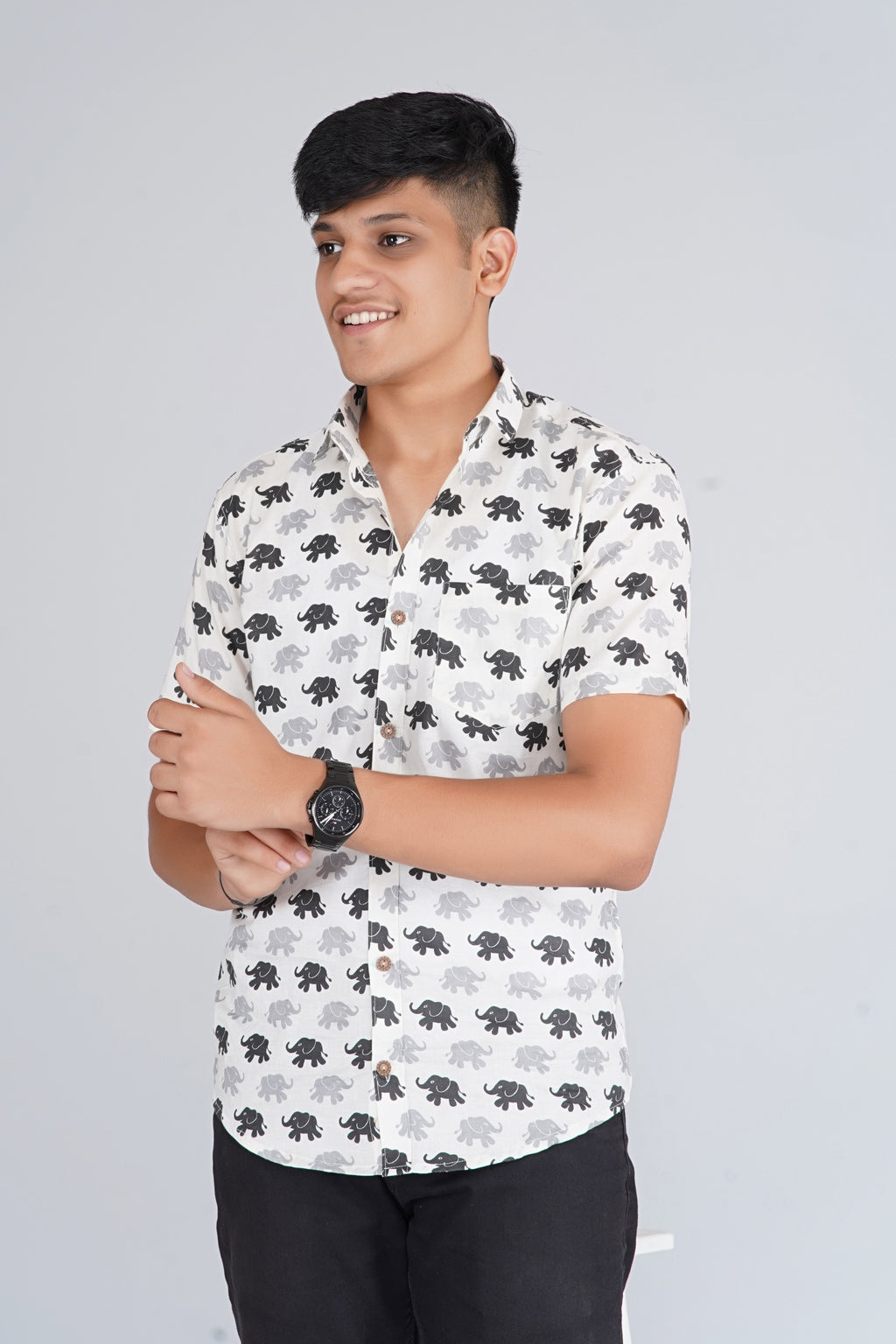 White-Black  Elephant Half Sleeve Shirt