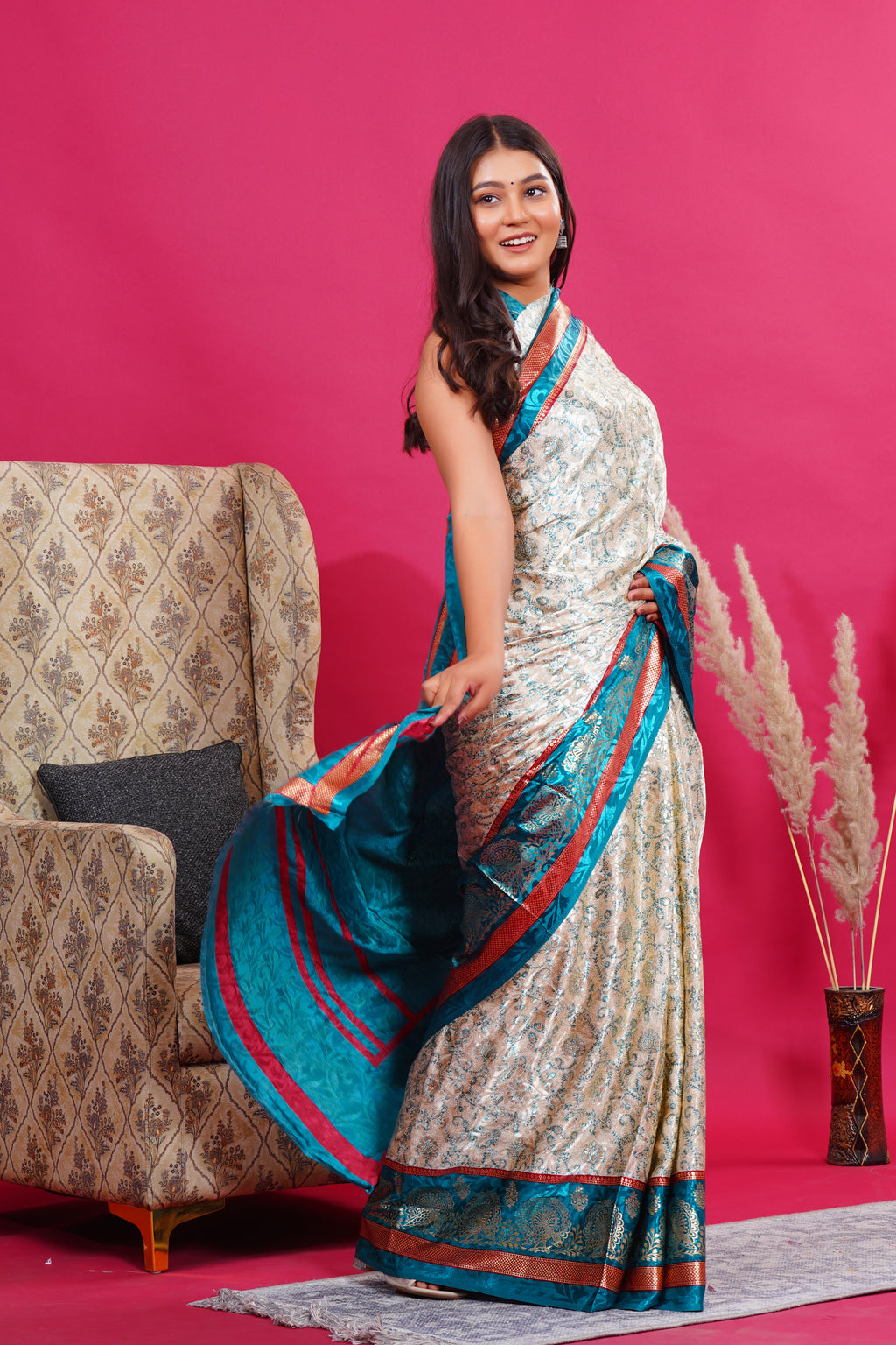 Green Golden Flower Peacock Silk Saree