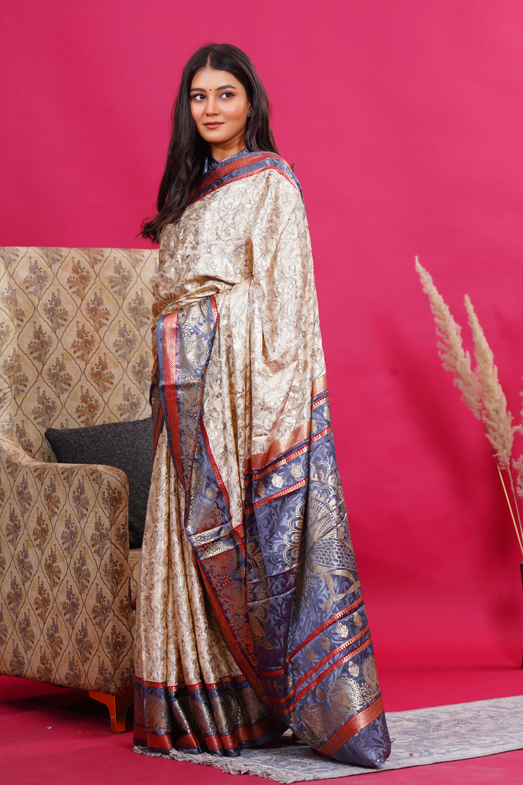 Grey Golden Flower Peacock Silk Saree