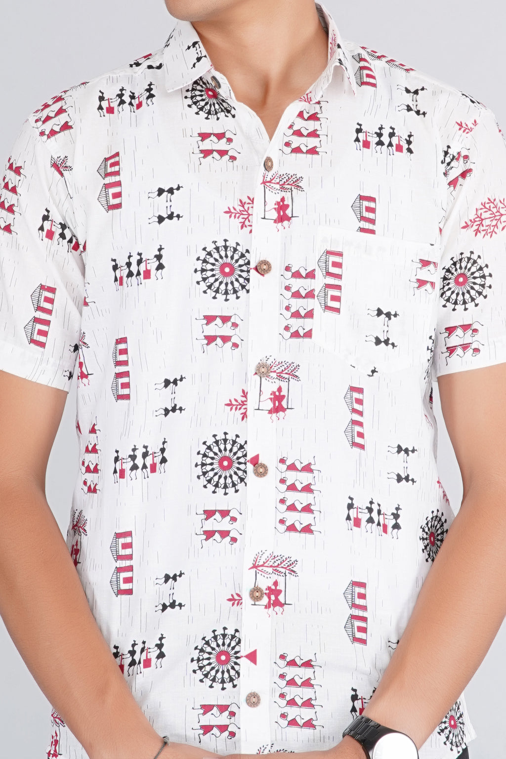 White Warli Art Half Sleeves Shirt