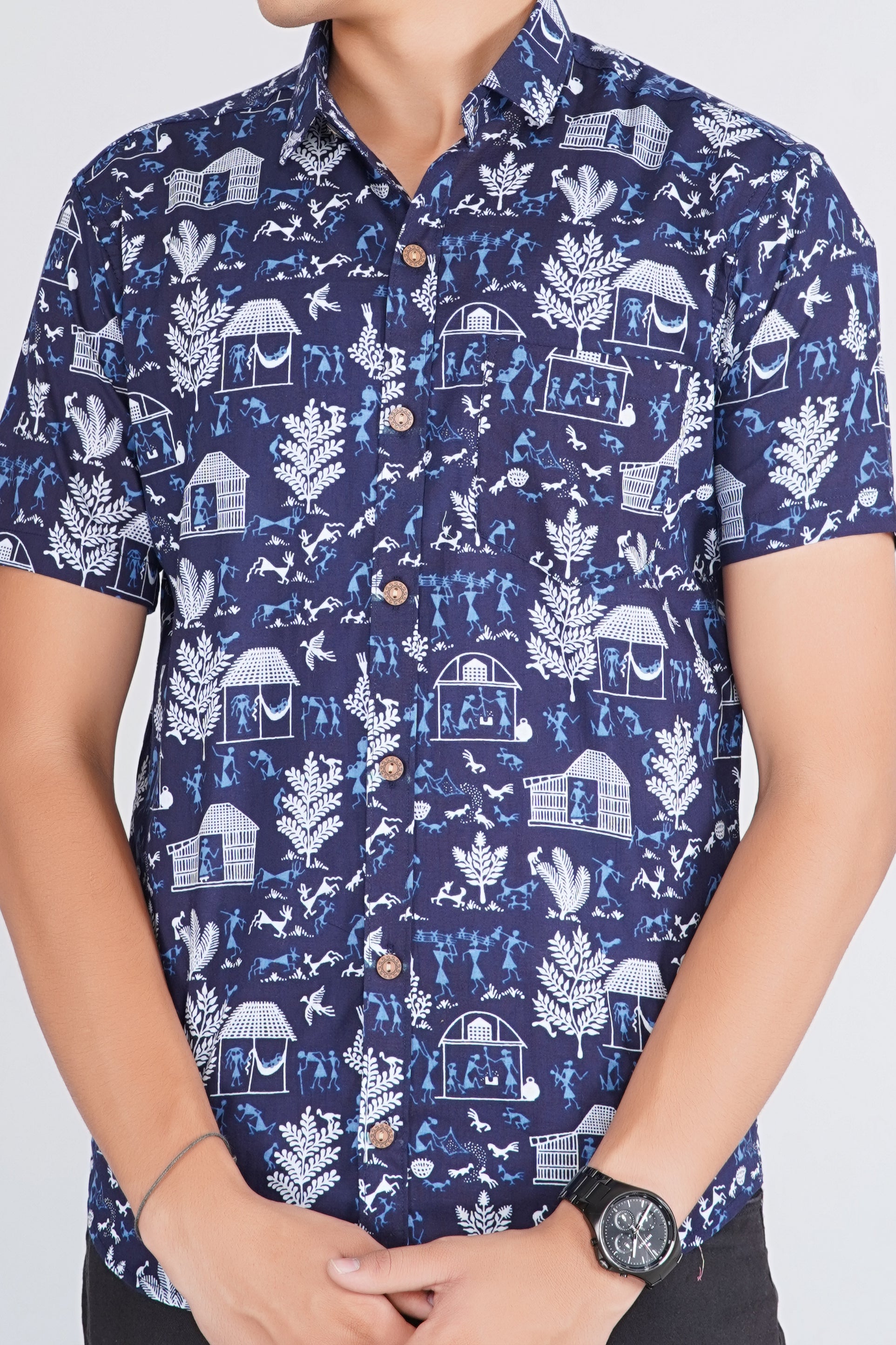Warli Art Indigo Half Sleeves Shirt