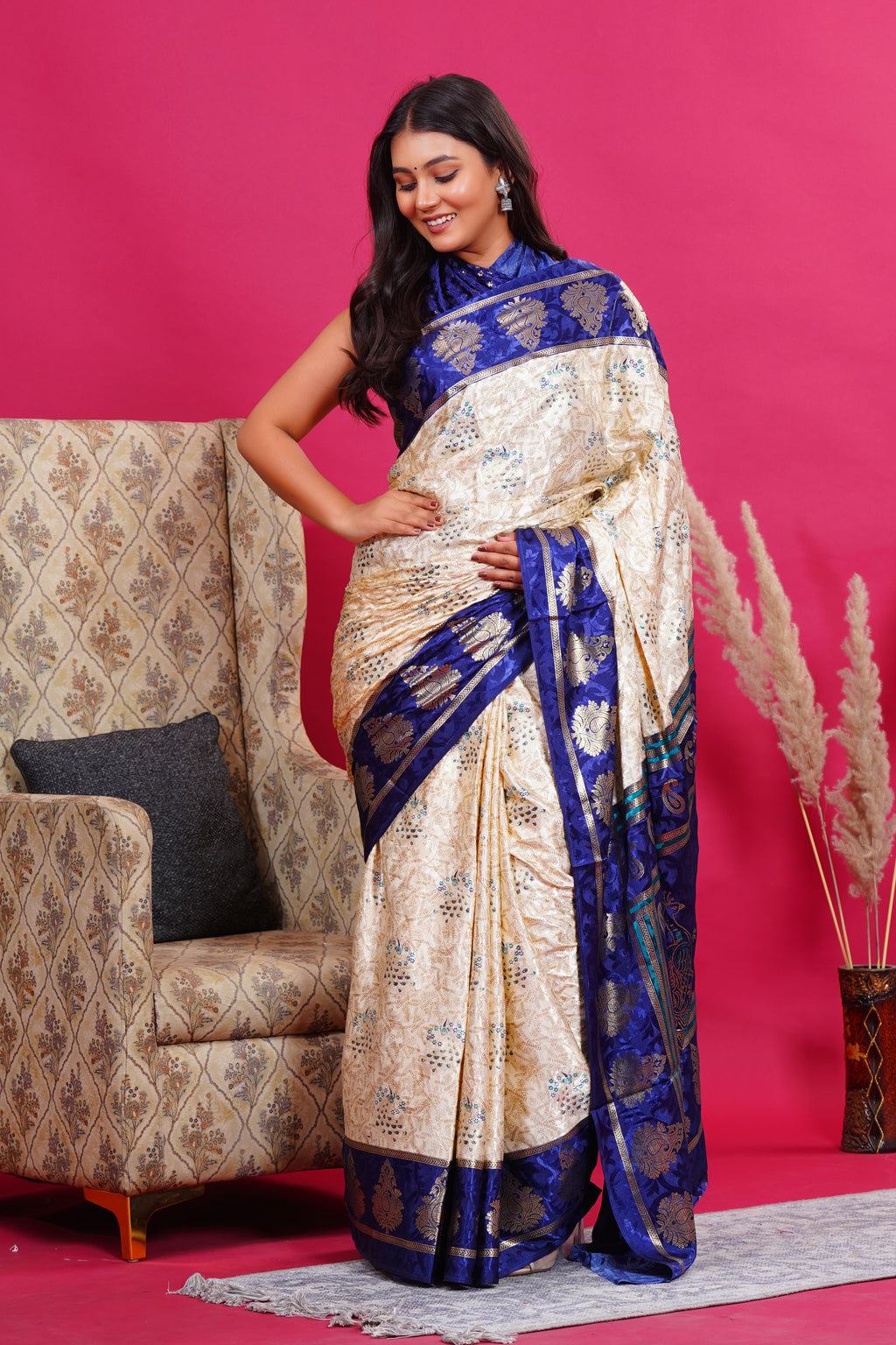 Blue Golden Kalash Peacock Silk Saree