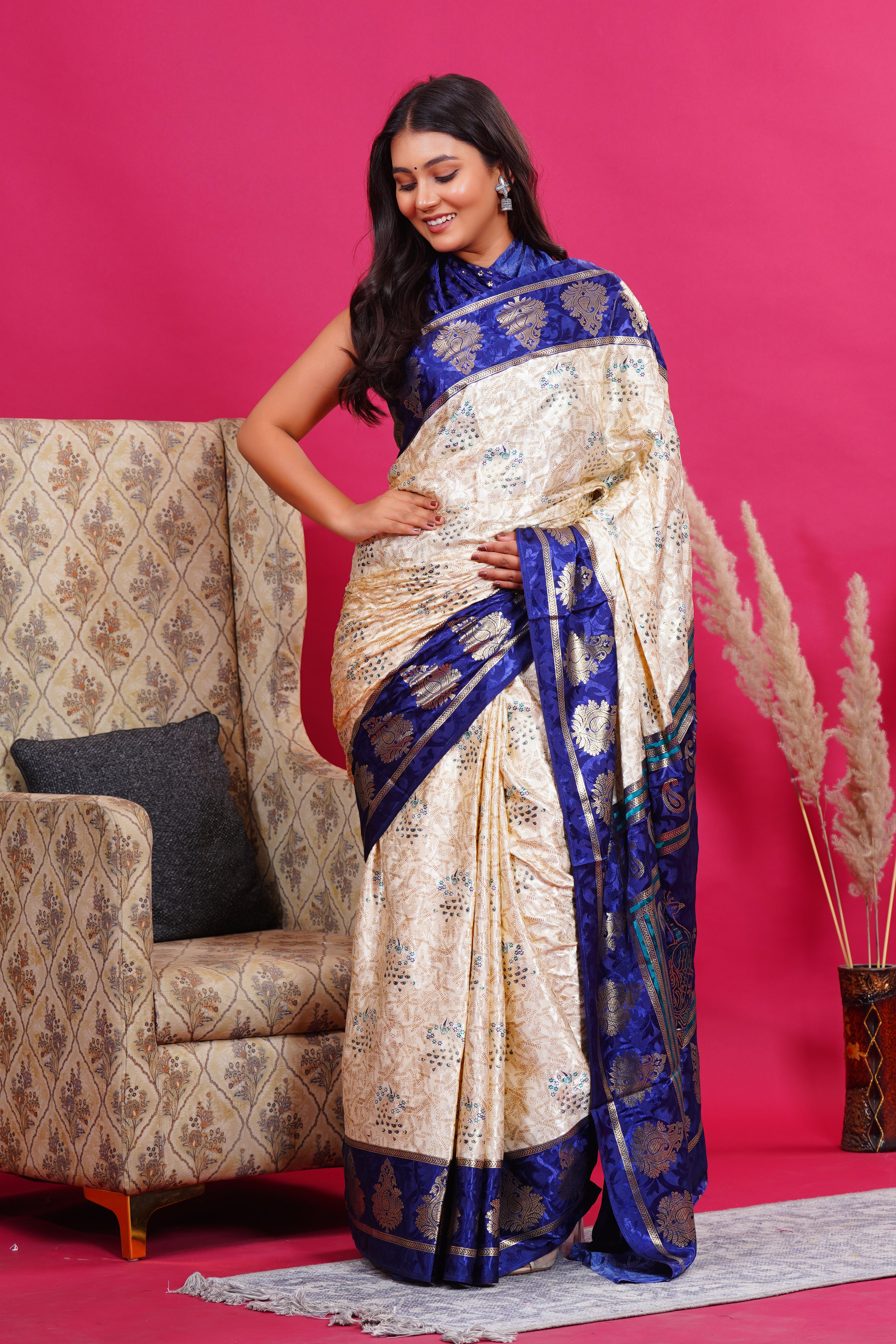 Blue Golden Kalash Peacock Silk Saree