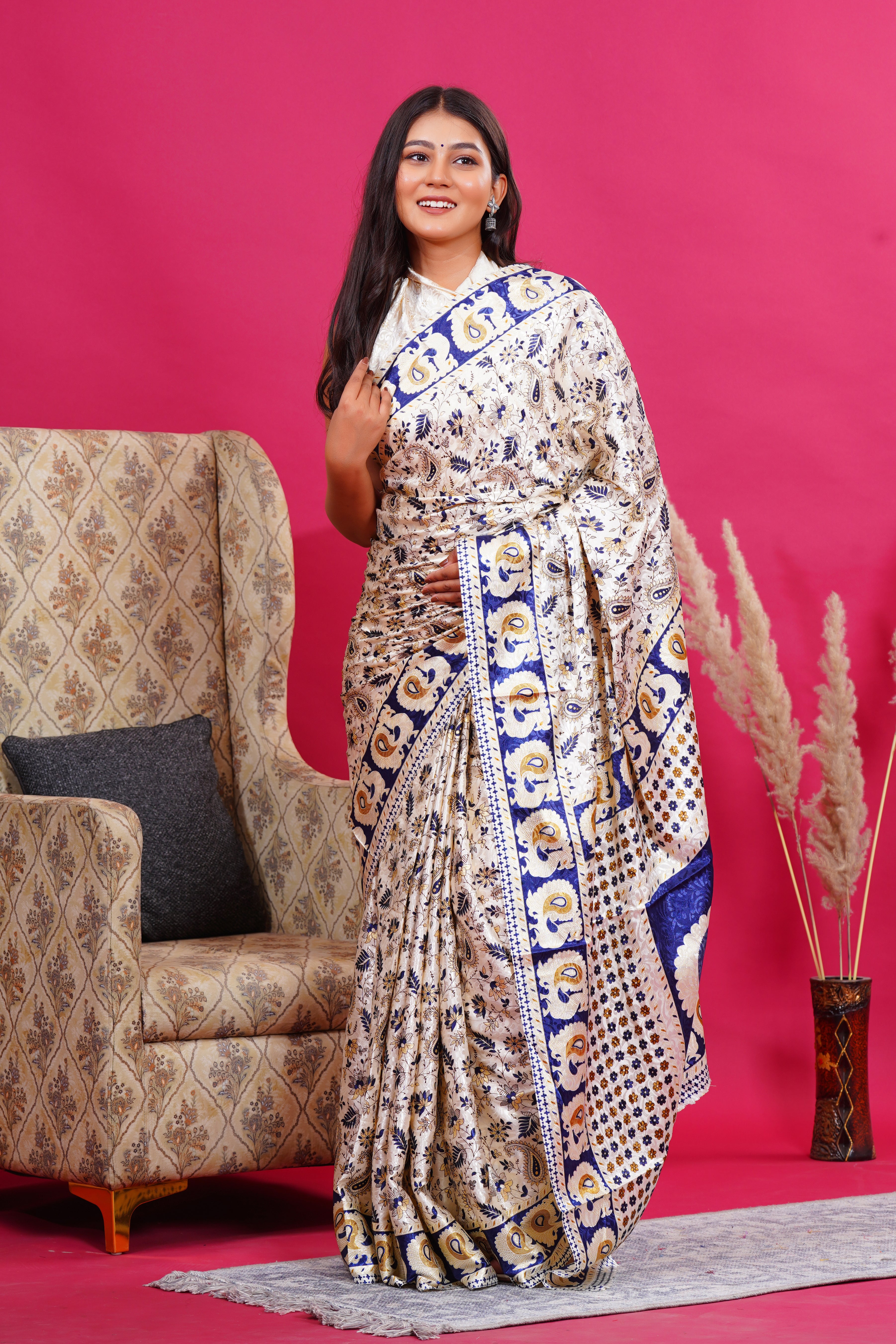 Blue Golden Floral Peacock Silk Saree