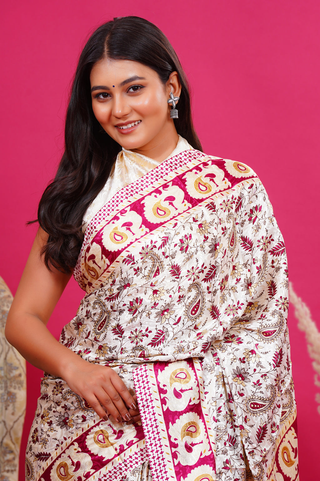 Pink Golden Floral Peacock Silk Saree